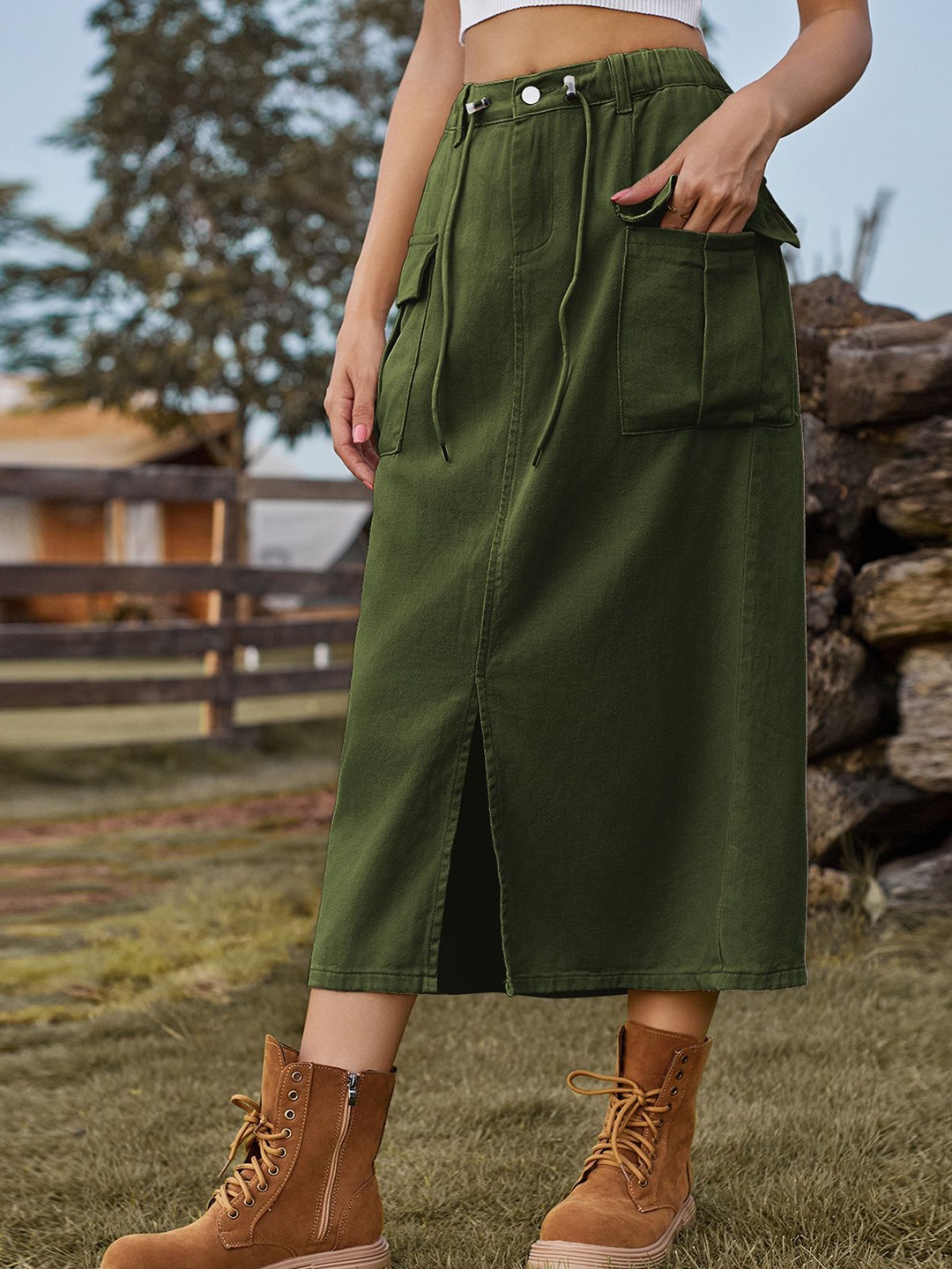 

StyleCast Women Denim A-Line Midi Skirt, Olive