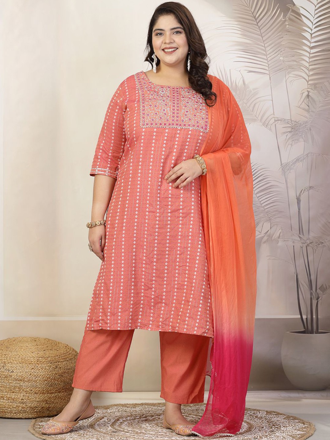 

Little More By Stylum Women Embroidered Regular Thread Work Kurta with Trousers & With Dupatta, Coral
