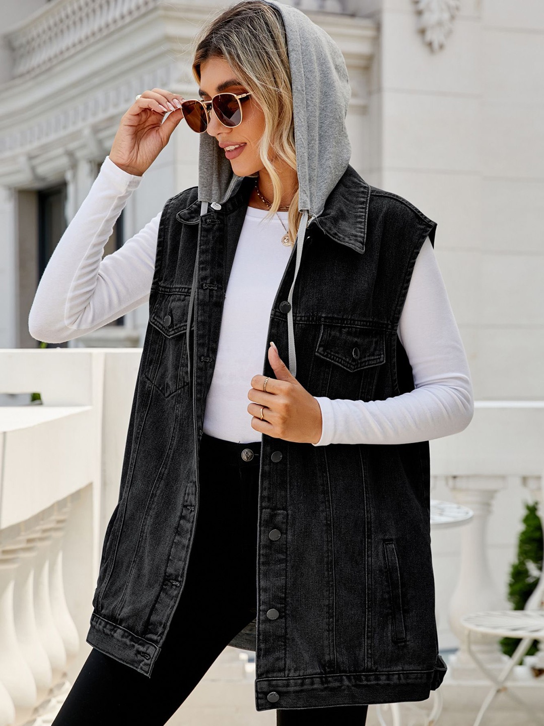 

StyleCast Women Longline Denim Jacket with Patchwork, Black