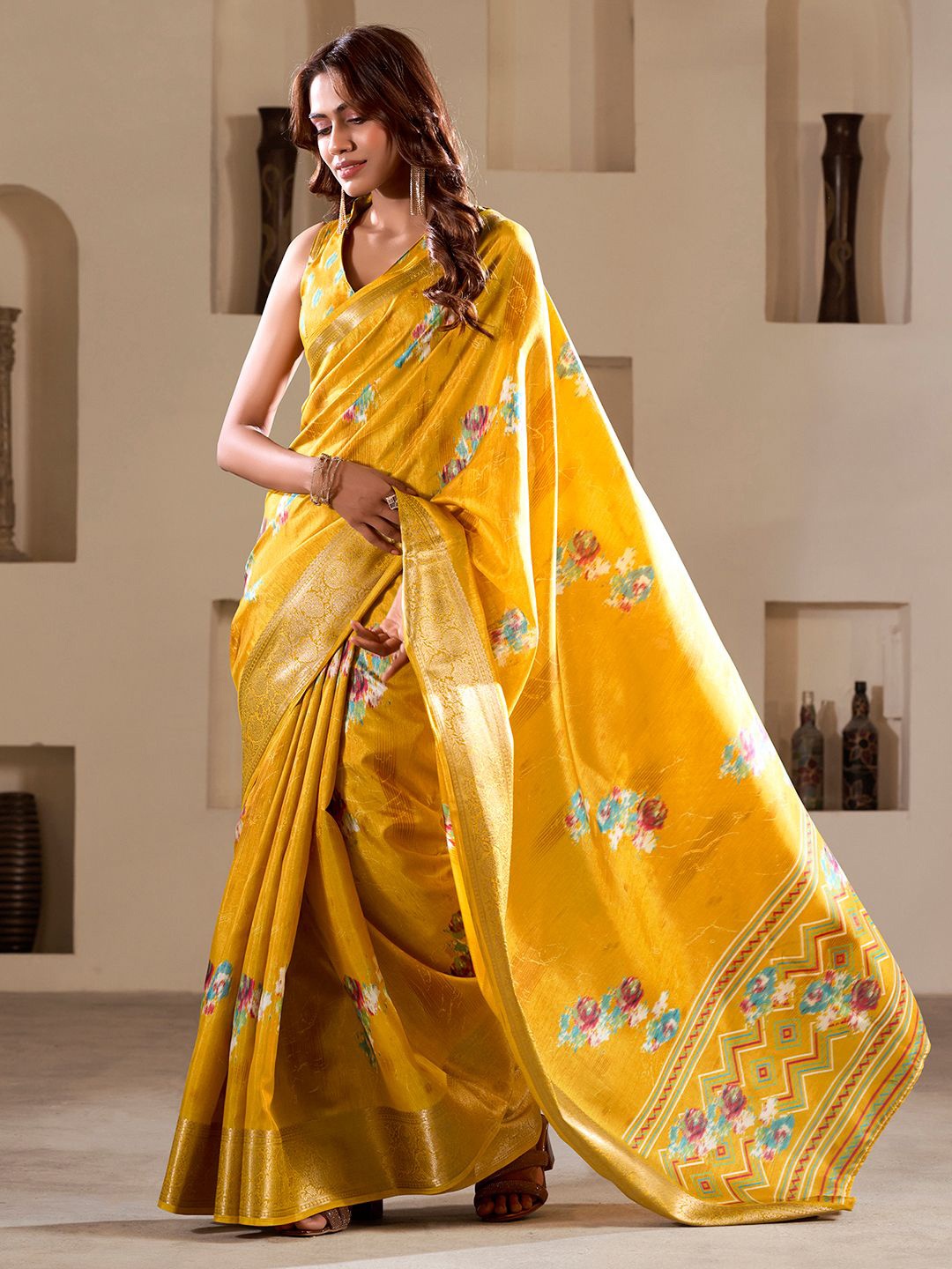 

Mitera Woven Design Zari Pure Silk Banarasi Saree, Yellow