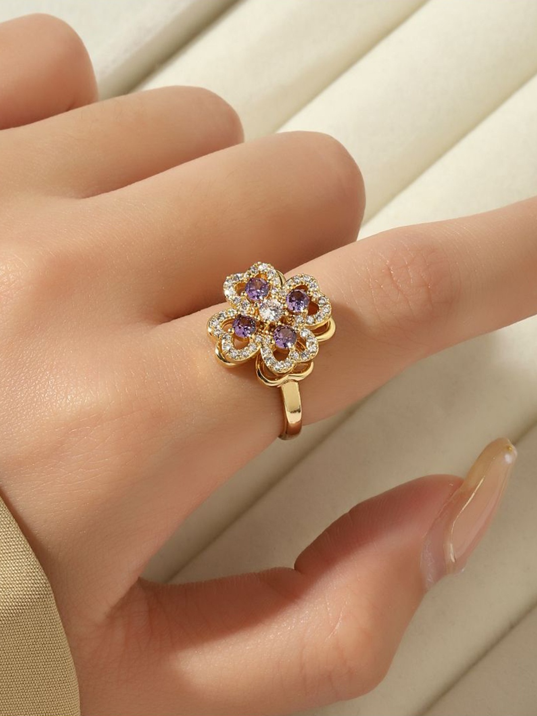 

SALTY 14KT Gold Plated & Stone Studded Adjustable Finger Ring