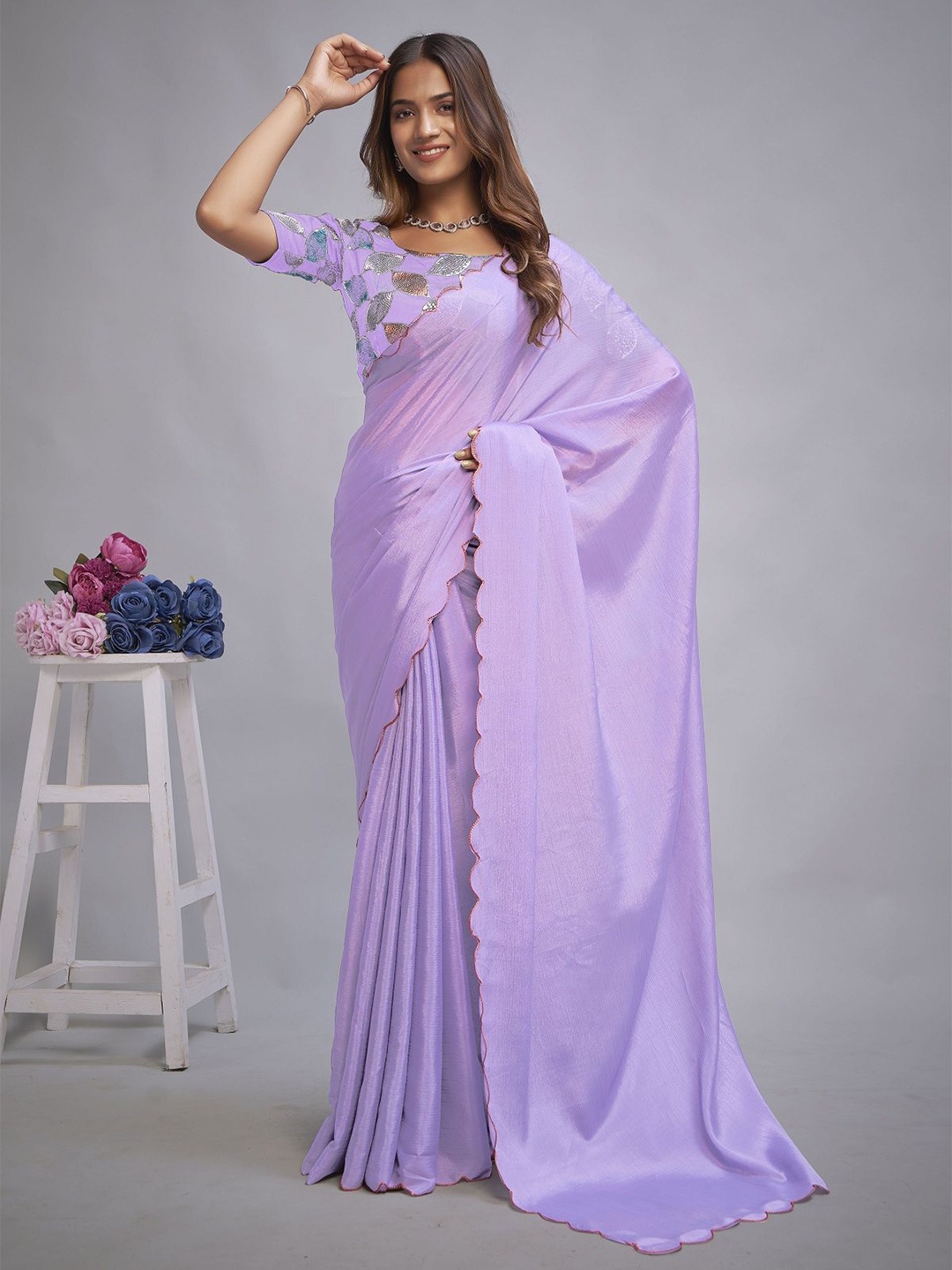 

Aika Pure Chiffon solid Saree, Lavender