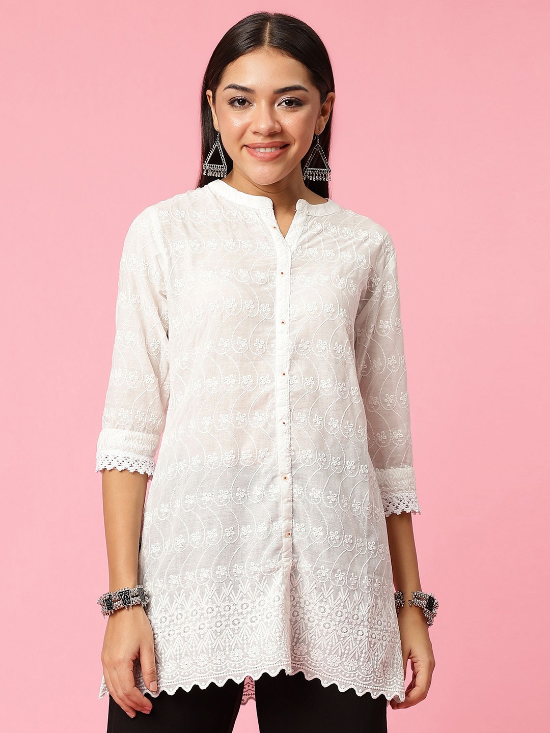 

Shree Mandarin Collar Embroidered Tunic, White