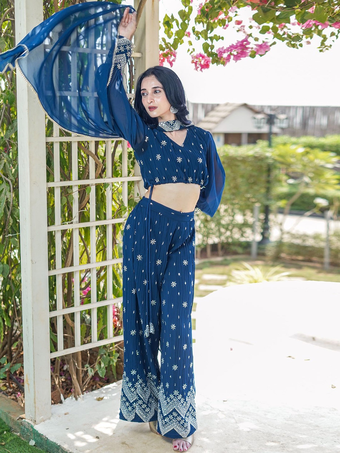 

GO BOUJEE Floral Printed Georgette Zari Angrakha Top with Trousers & Dupatta, Blue