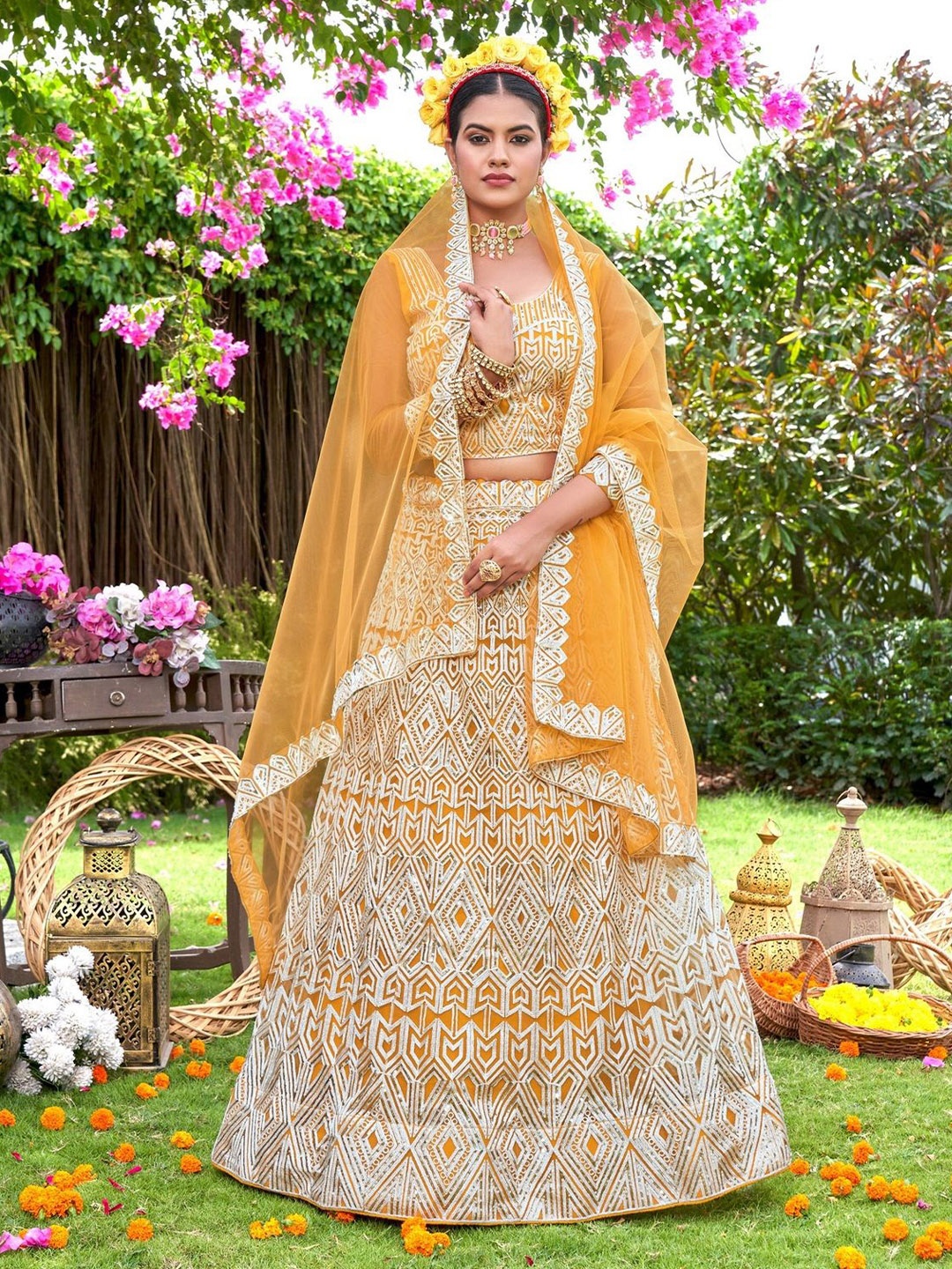 

VARNI FABRICS Embroidered Semi-Stitched Lehenga & Unstitched Blouse With Dupatta, Yellow