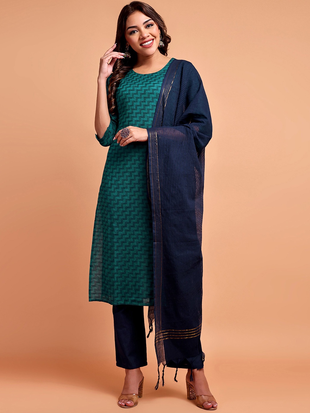 

Vastara the Label Straight Kurta with Trousers & With Dupatta, Teal