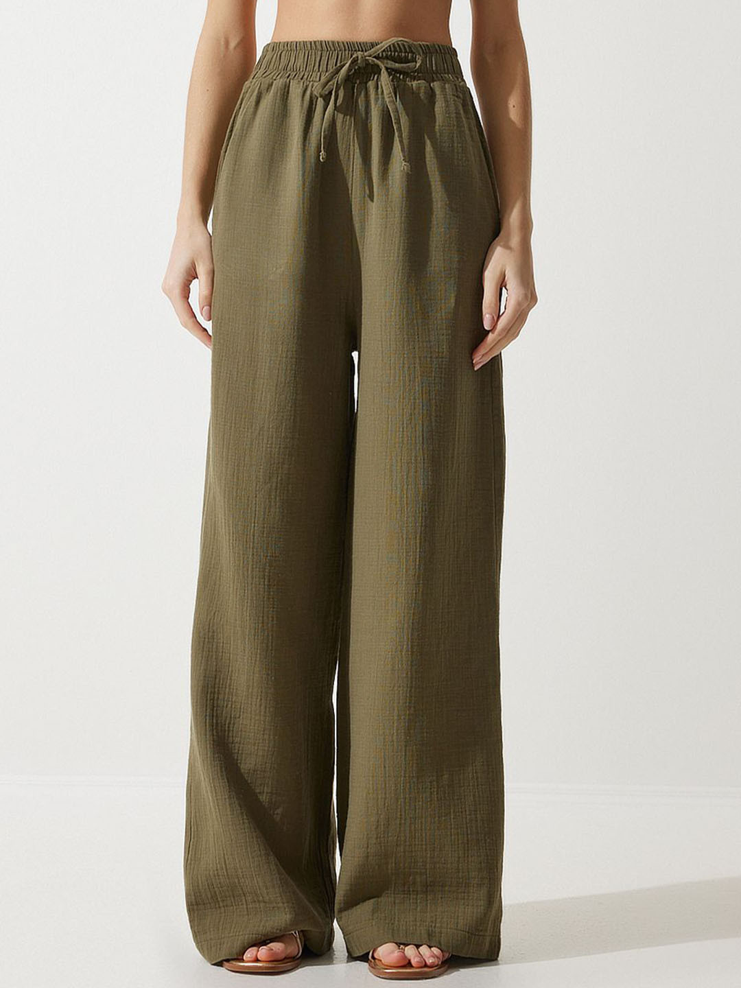 

Happiness istanbul Women High-Rise Pure Cotton Trousers, Olive