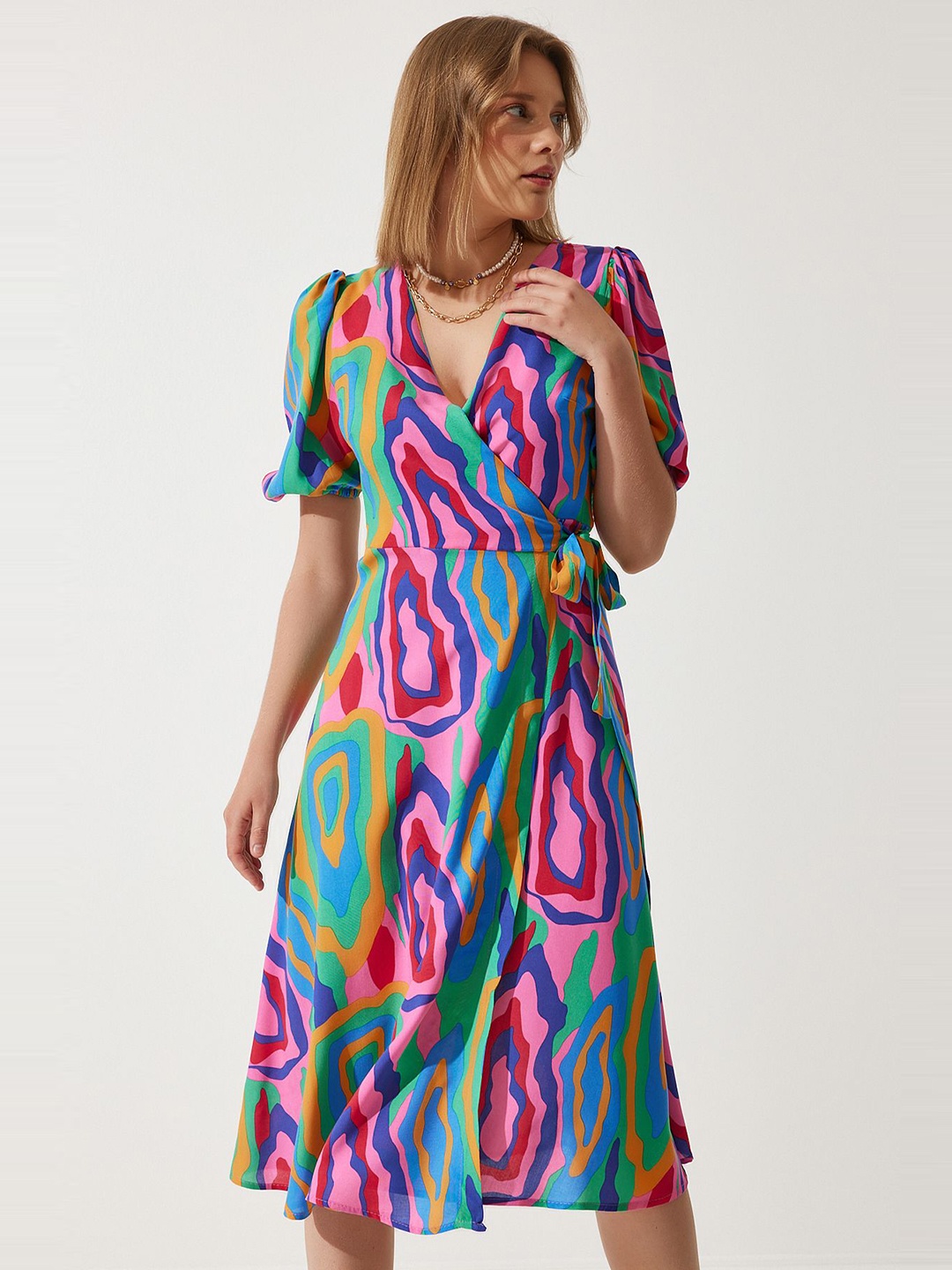 

Happiness istanbul Abstract Printed V-Neck Wrap Dress, Pink