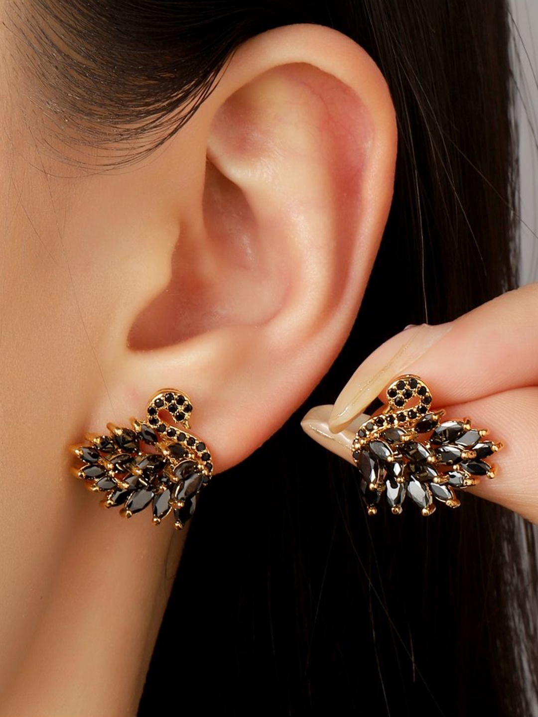 

SALTY Gold-Plated Artificial Stones Studded Contemporary Swan Studs