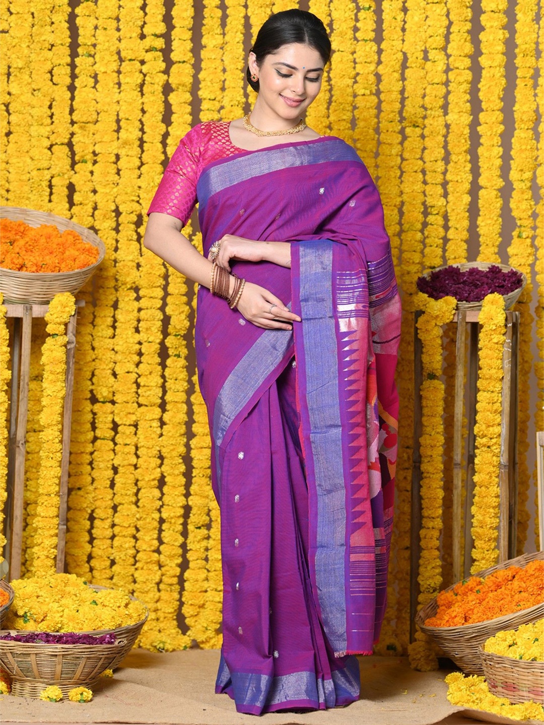 

Very Much Indian Ethnic Motifs Zari Pure Cotton Paithani Saree, Purple