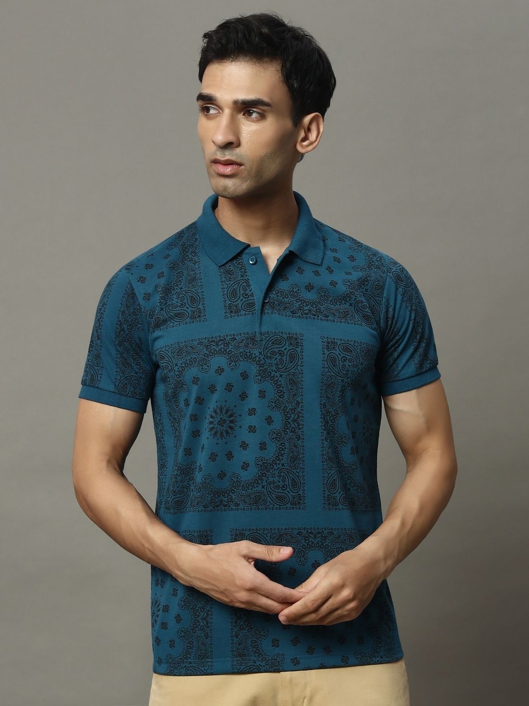 

OGEN Men Printed Polo Collar Pockets T-shirt, Teal
