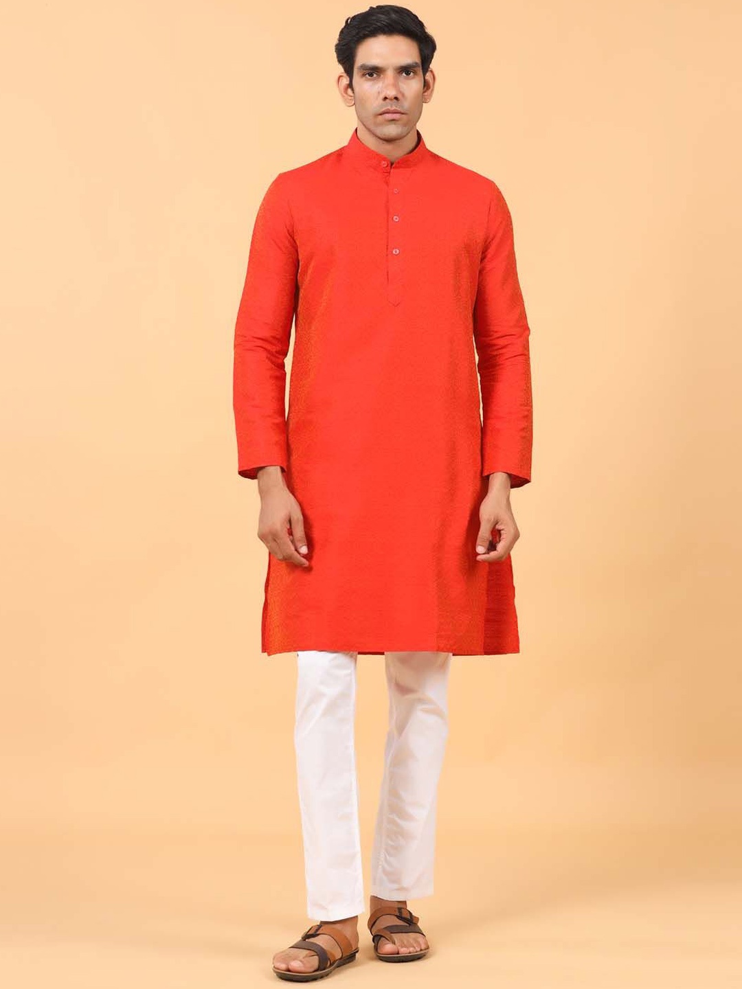 

Tistabene Floral Woven Design Band Collar Silk Kurta, Red