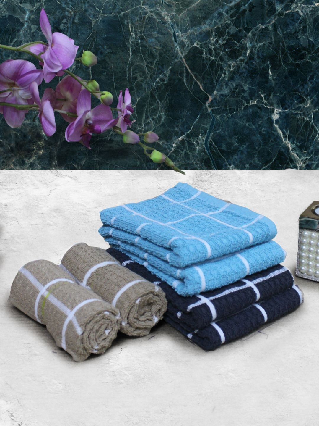 

Aura Blue & Brown 6 Pieces Checked Pure Cotton 150 GSM Hand Towels