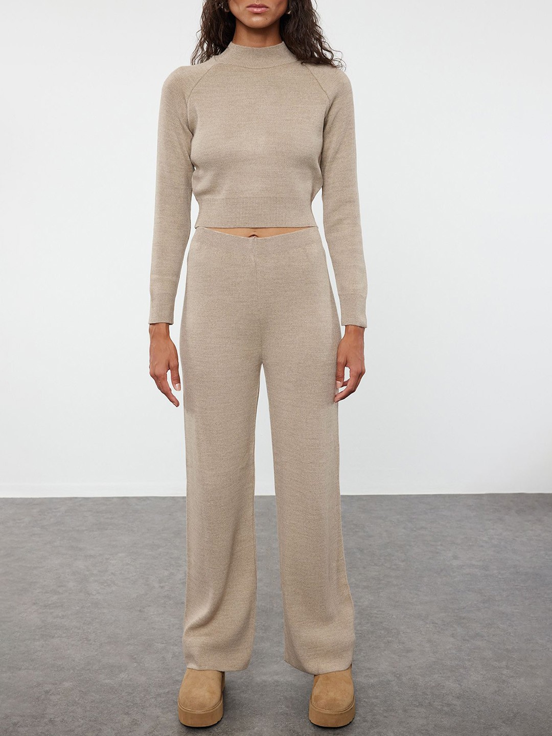 

Trendyol Round-Neck Long Sleeve Top & Trouser, Beige