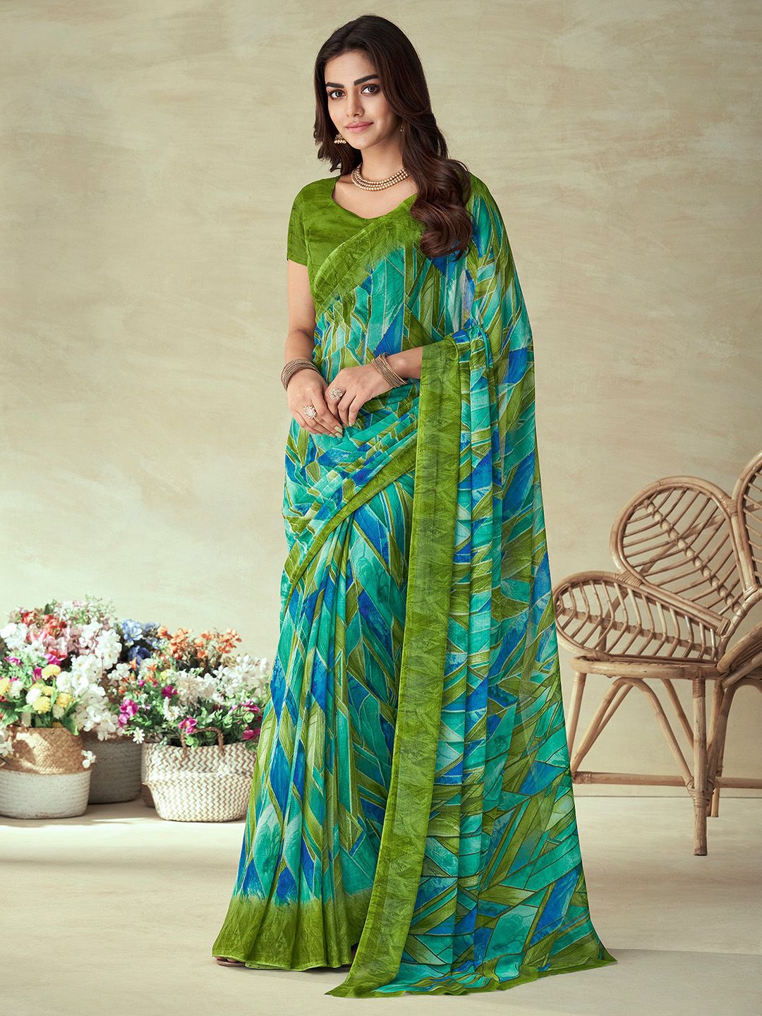 

KALINI Poly Chiffon Saree, Green