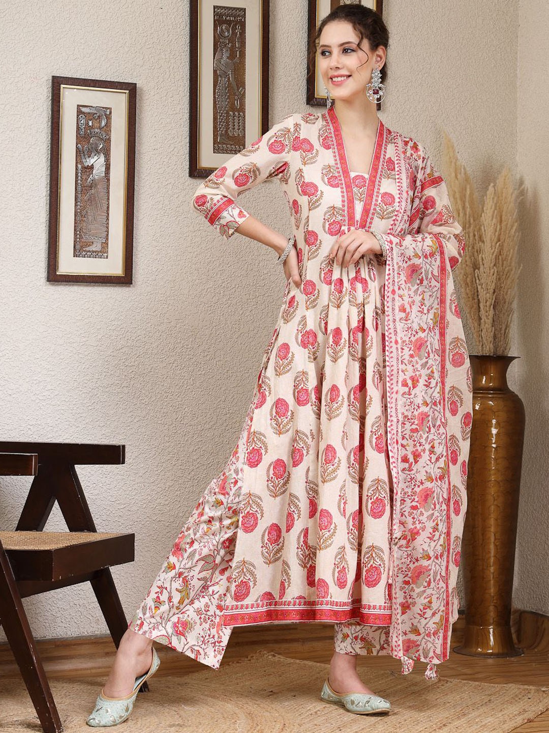 

GULMOHAR JAIPUR Ethnic Motifs Printed Pure Cotton Straight Kurta With Palazzos & Dupatta, Pink