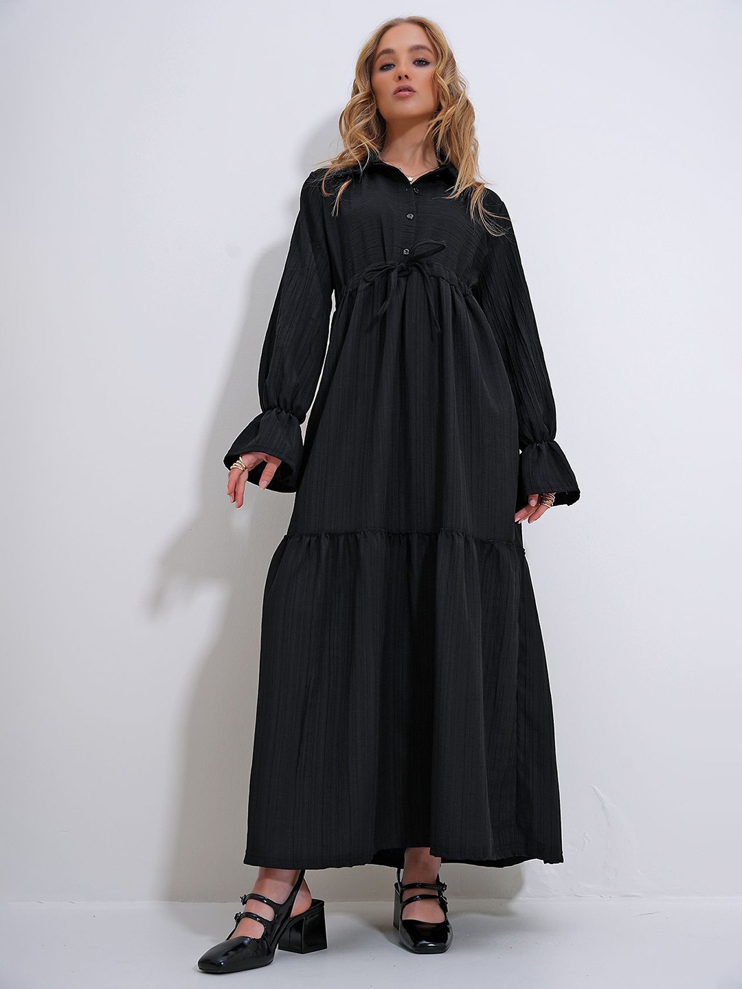 

Trend Alacati stili Cuffed Sleeves Shirt Collar Maxi Dress, Black