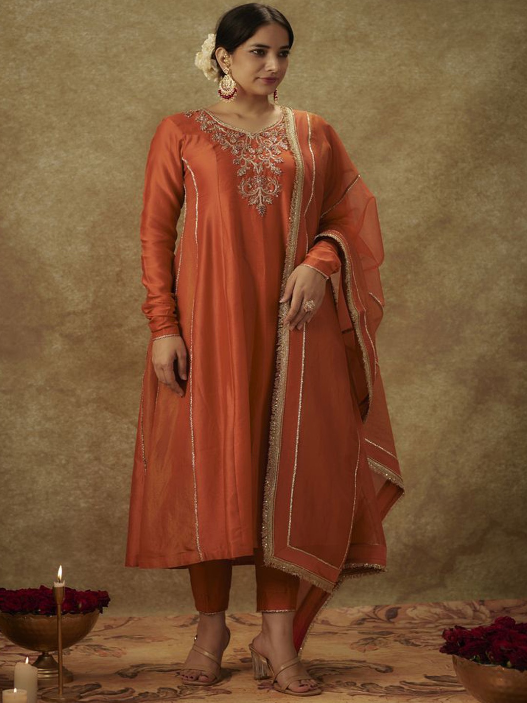 

The Aarya Ethnic Motifs Embroidered Panelled Chanderi Silk Kurta With Trousers & Dupatta, Orange