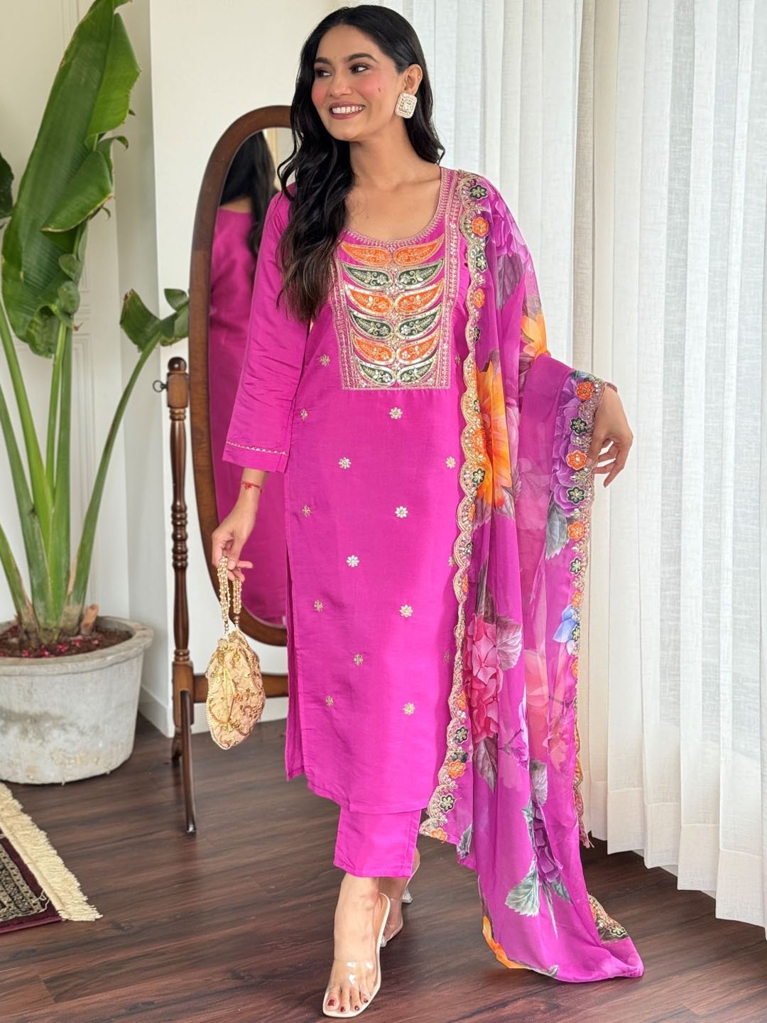 

KALINI Floral Embroidered Sequinned Chanderi Silk Straight Kurta With Trousers & Dupatta, Pink