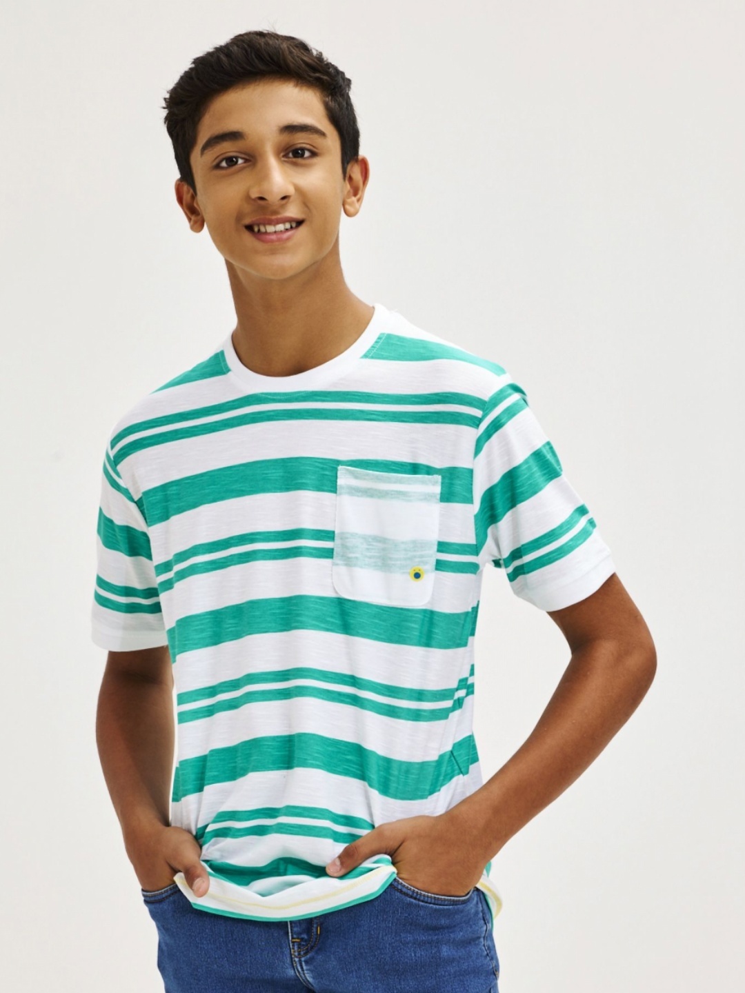 

NO MONDAYS Boys Striped Pure Cotton Pockets T-shirt, Green