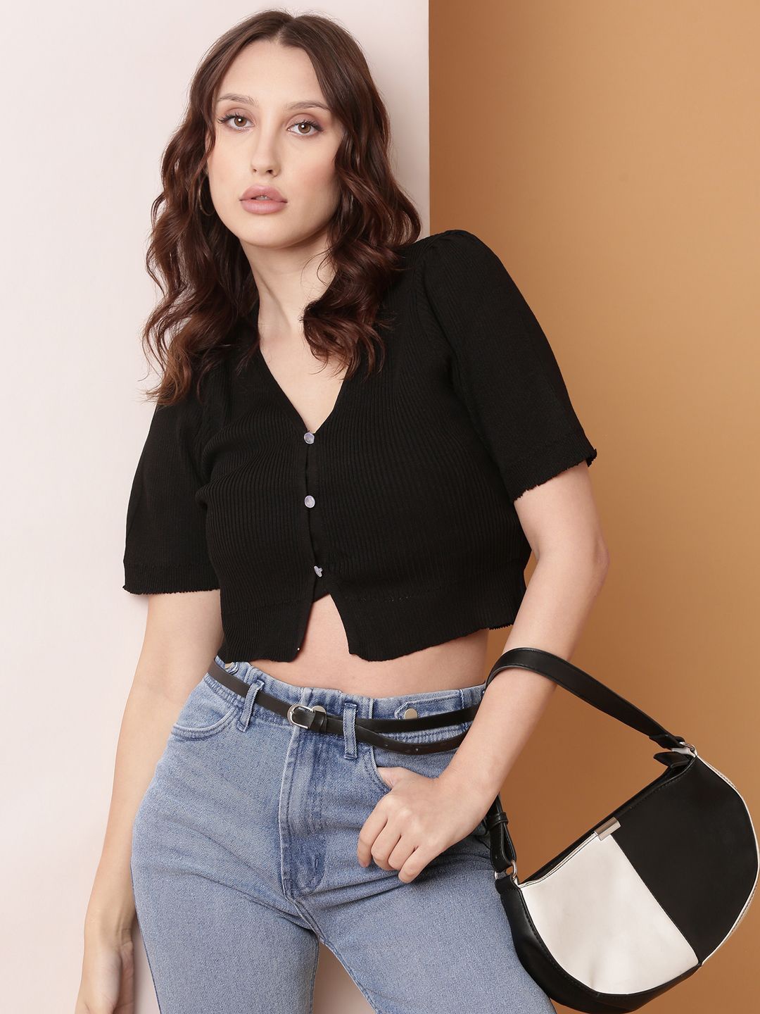 

SHOWOFF Striped V-Neck Crop Button Shrug, Black