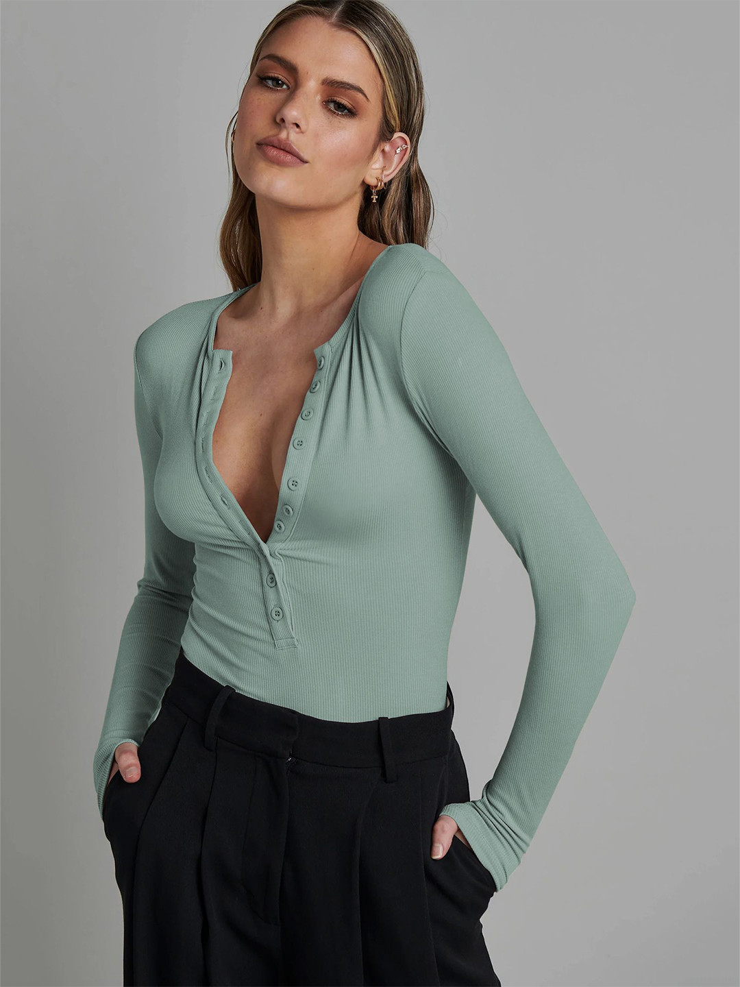 

HERE&NOW Women Solid Round Neck Casual Bodysuit, Green