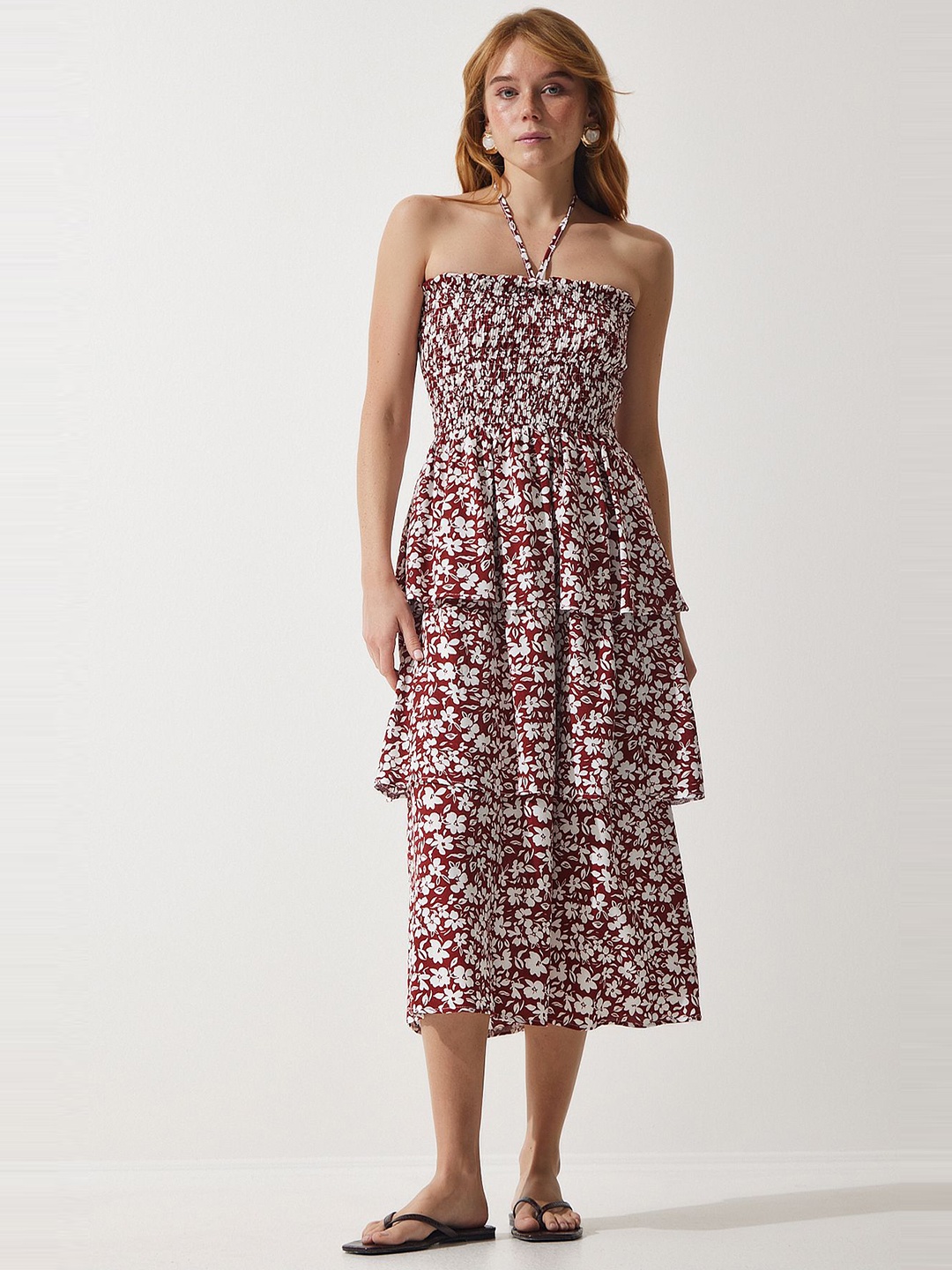 

Happiness istanbul Floral Printed Halter Neck Fit & Flare Midi Layered Dress, Maroon