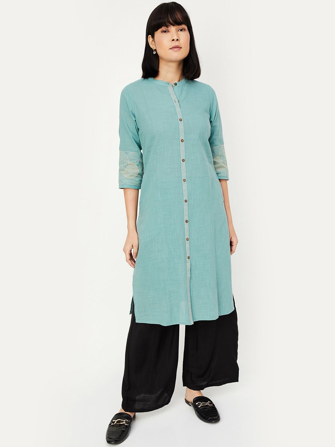 

max Mandarin Collar Regular Cotton Straight Kurta, Grey