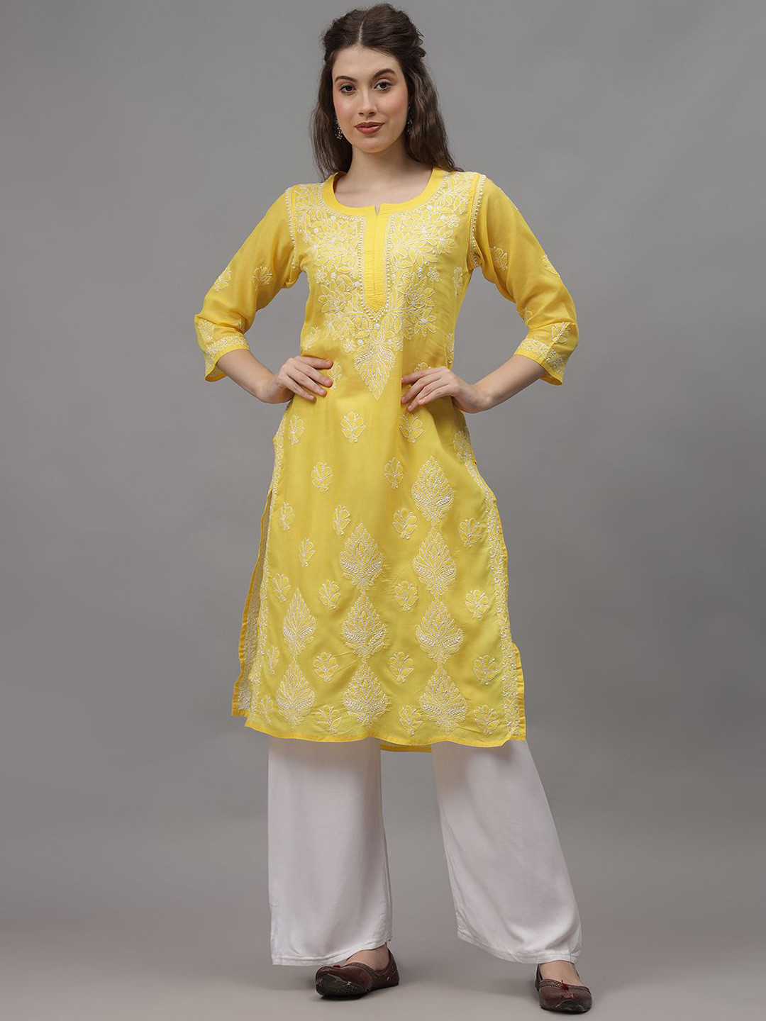 

Seva Chikan Floral Embroidered Notch Neck Lucknowi Chikankari Cotton Straight Kurta, Yellow