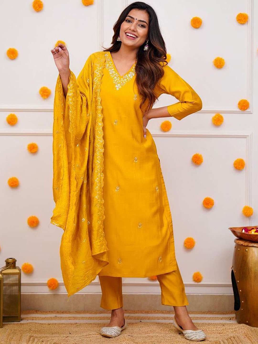 

THE52 Ethnic Motifs Embroidered Straight Kurta with Trousers & With Dupatta, Yellow