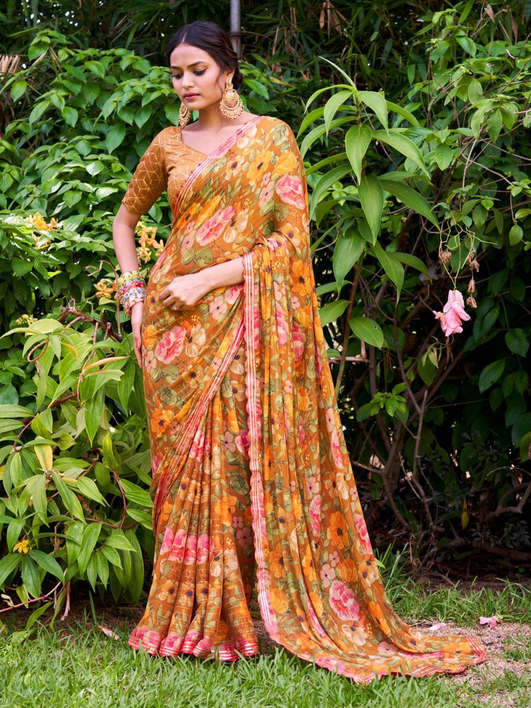 

CHUDIYA Floral Sequinned Pure Chiffon Saree, Mustard