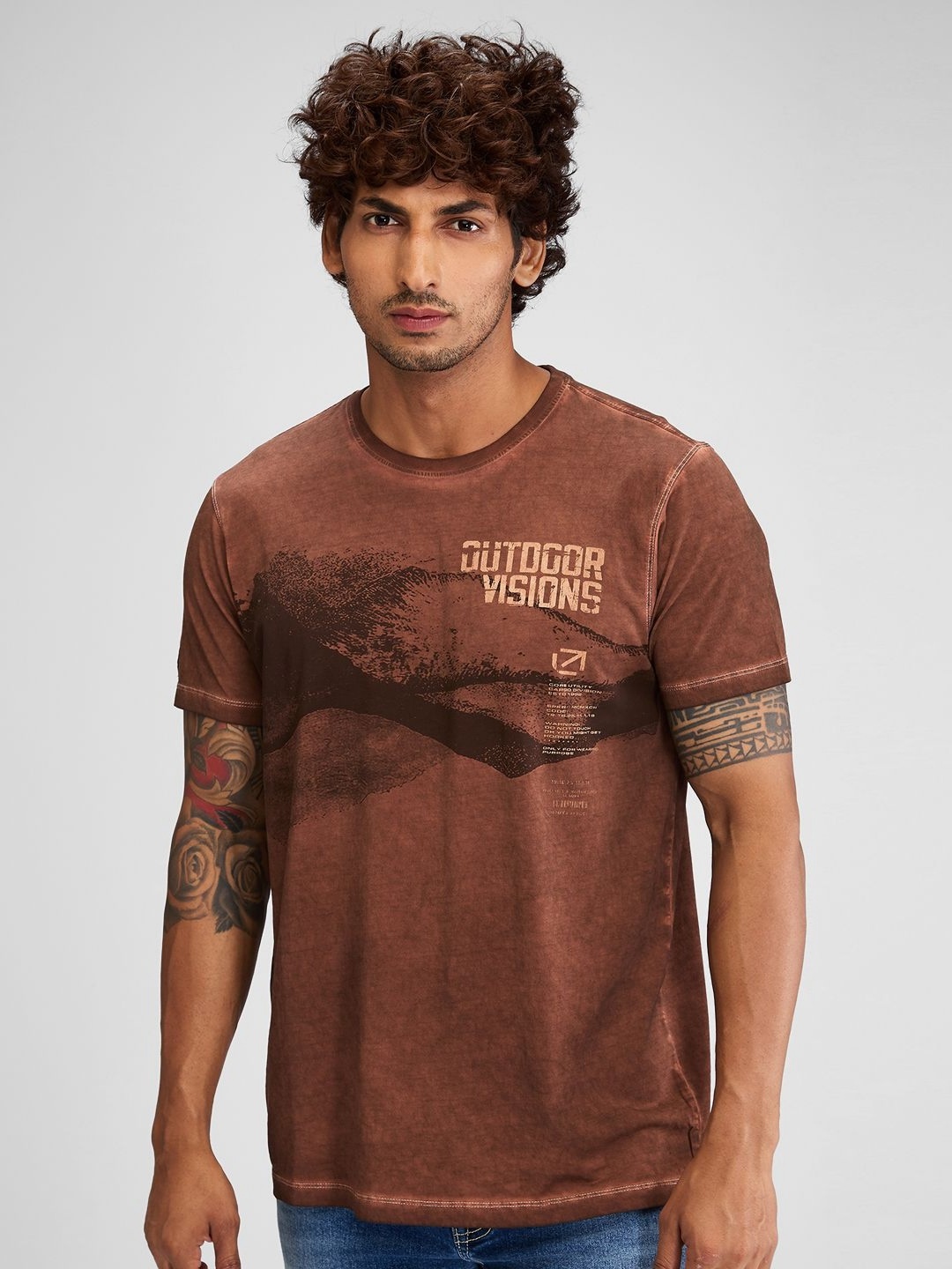 

SPYKAR Men Raw Edge Slim Fit T-shirt, Brown