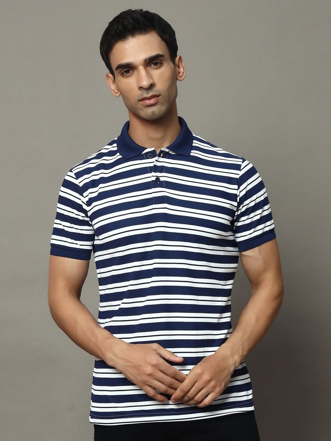 

OGEN Men Striped Polo Collar Pockets T-shirt, Navy blue