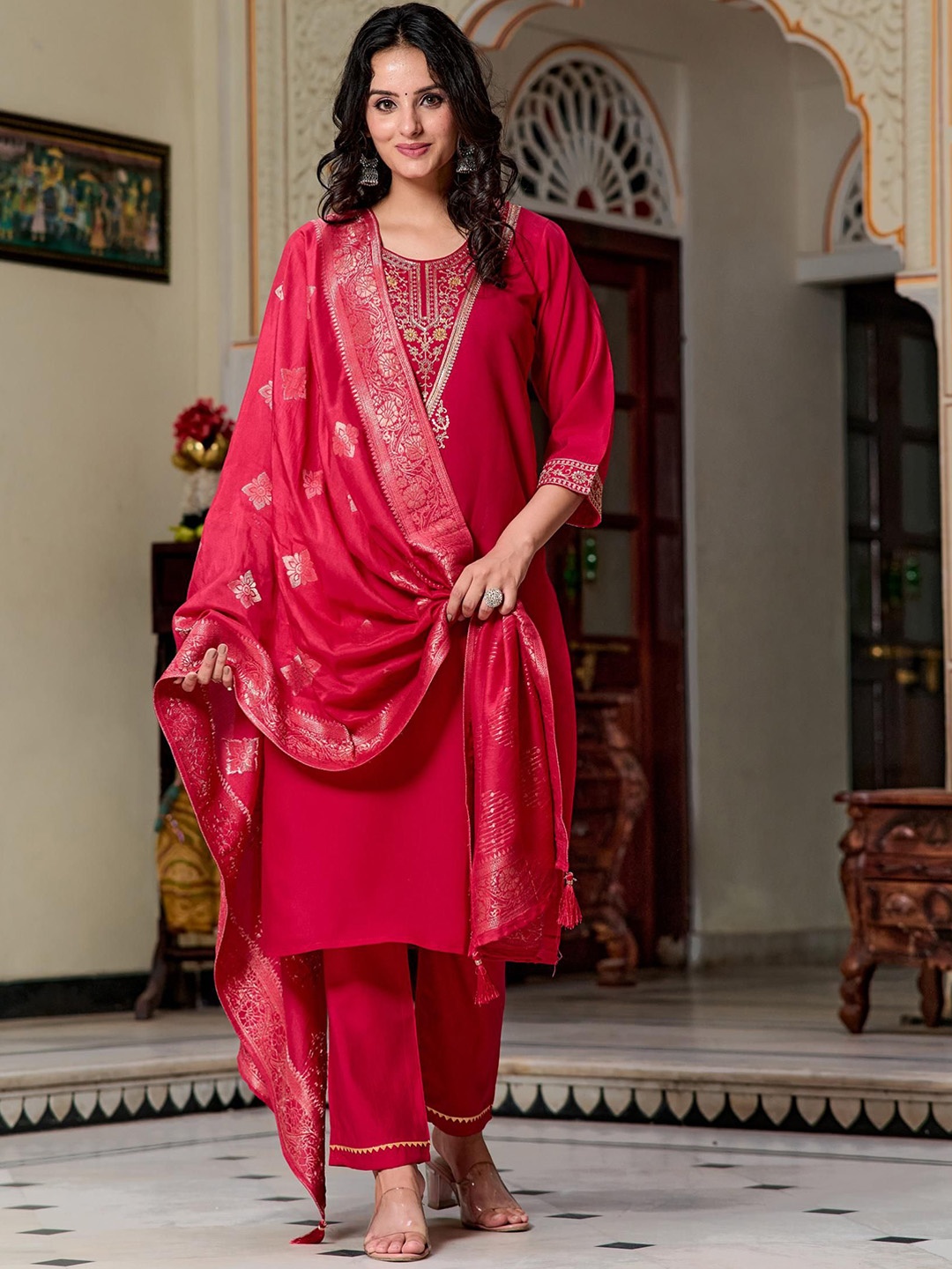 

THE52 Embroidered Chanderi Silk Straight Kurta with Palazzos & With Dupatta, Red