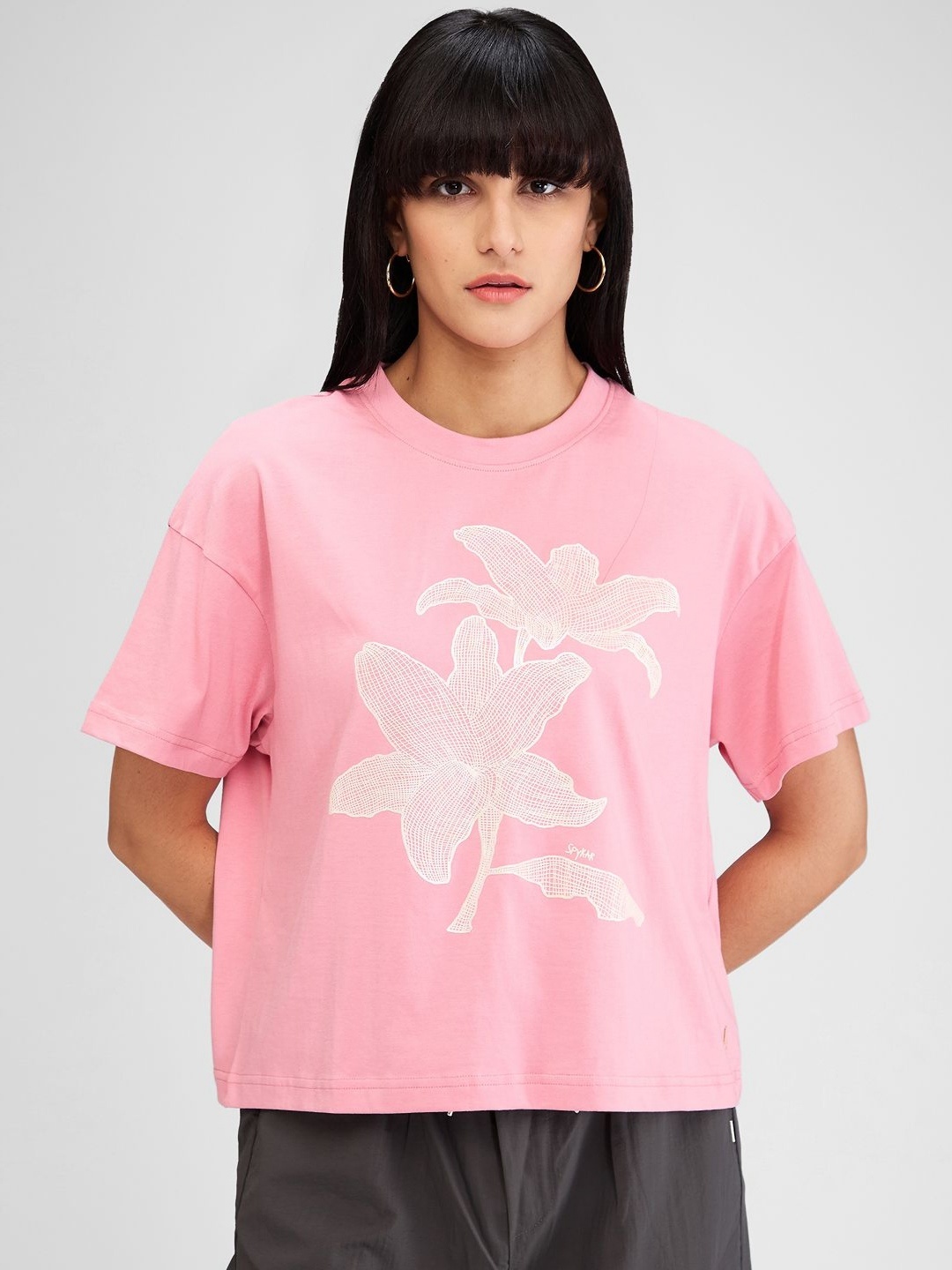 

SPYKAR Women Floral Raw Edge T-shirt, Red