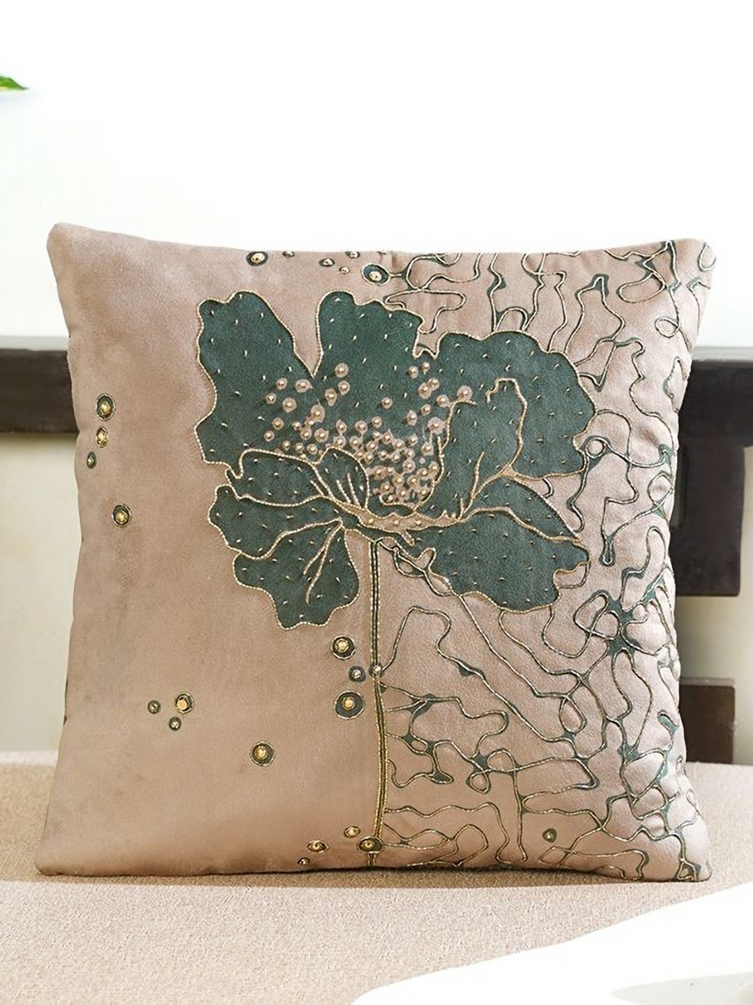 

Mid July Home Gilded Garden Grey & Beige Floral Embellished Velvet Square Cushion Cover