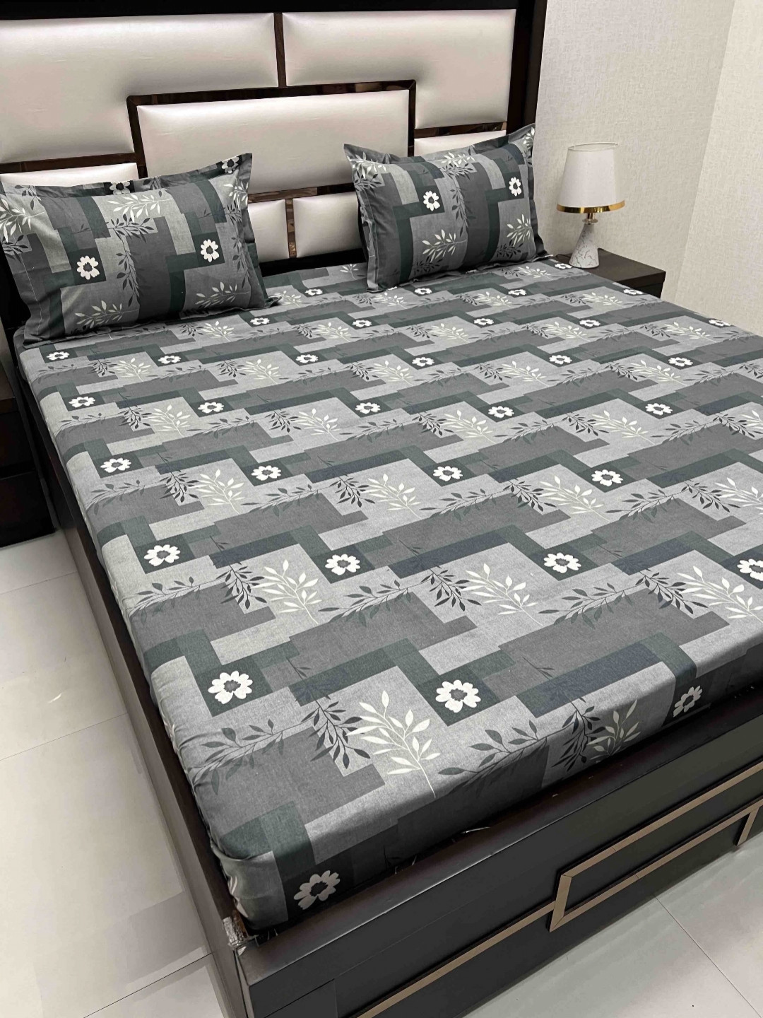 

Pure Decor Passion Grey Floral 260 TC Pure Cotton Queen Bedsheet With 2 Pillow Covers