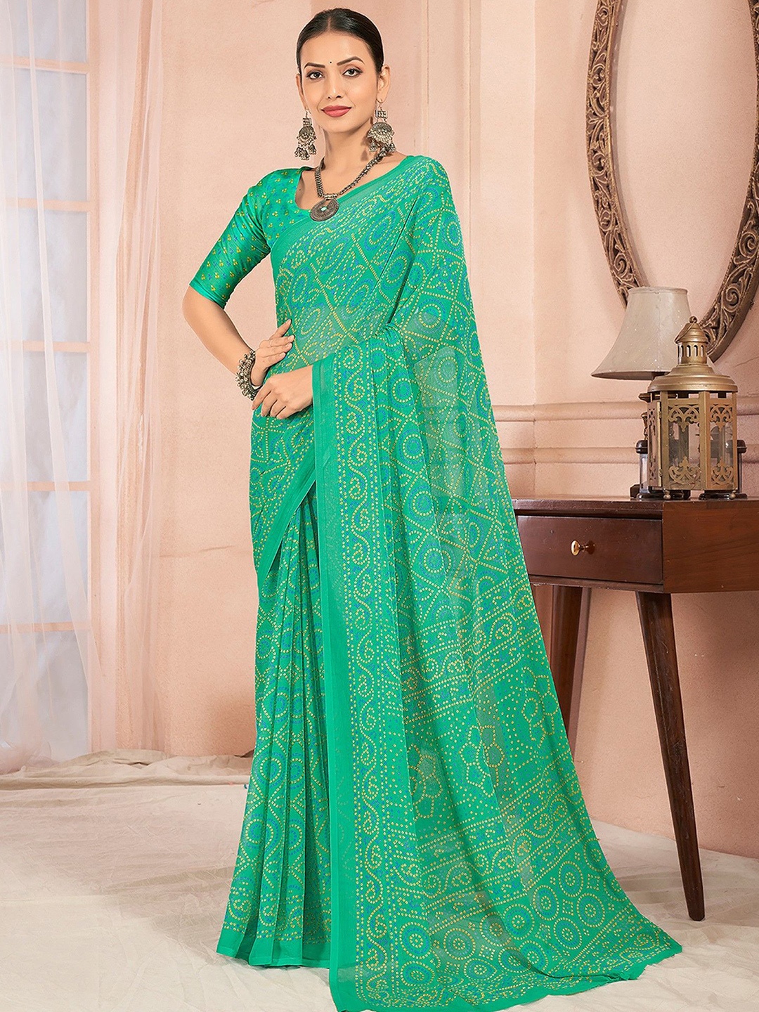 

KALINI Bandhani Poly Chiffon Saree, Green