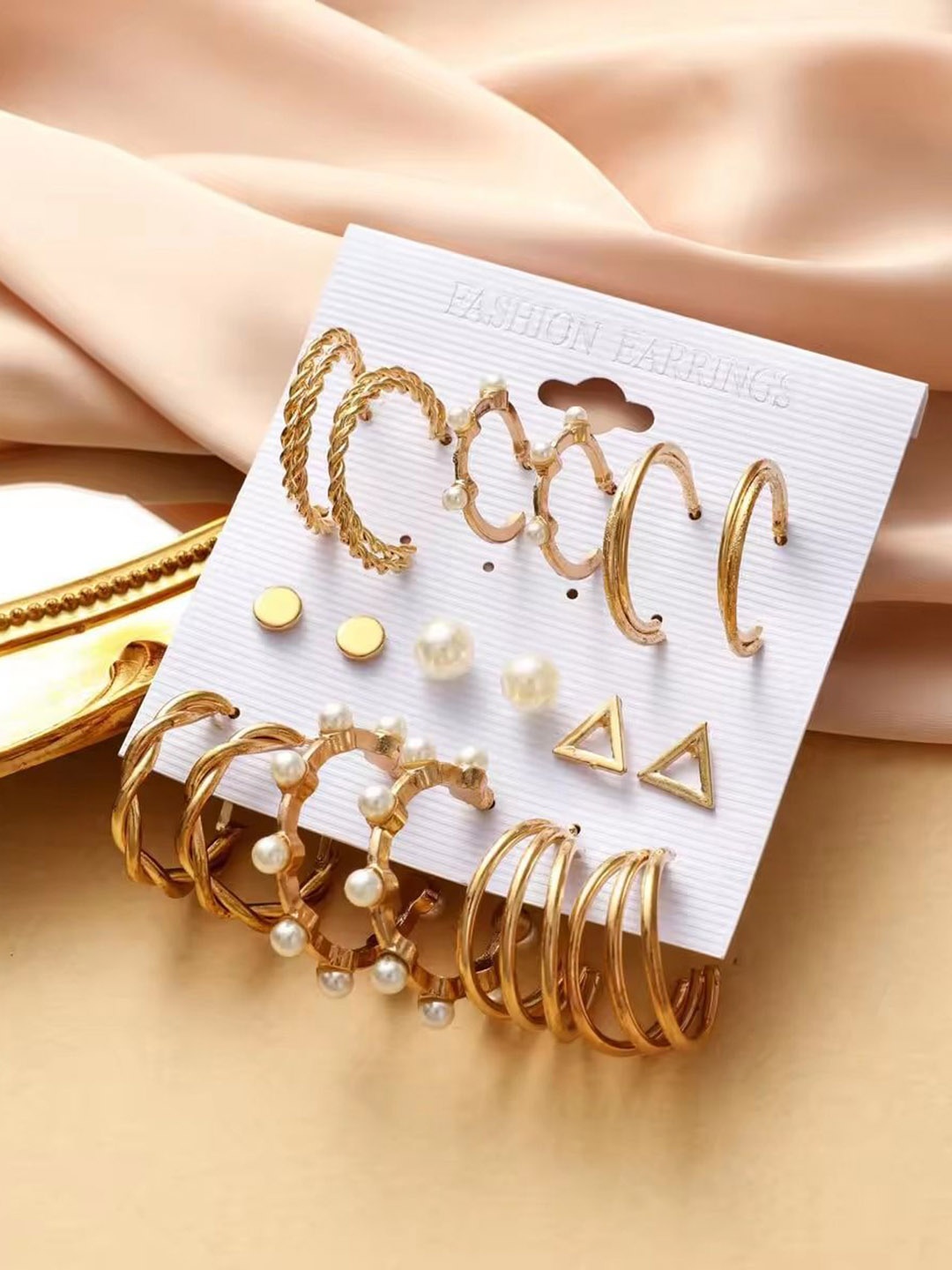 

MEENAZ Set Of 9 Contemporary Hoop Earrings, Gold