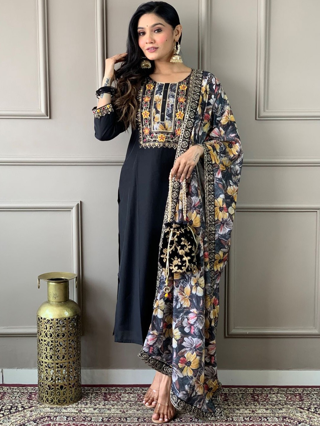 

KALINI Floral Yoke Design Sequinned Chanderi Silk Straight Kurta With Trousers & Dupatta, Black