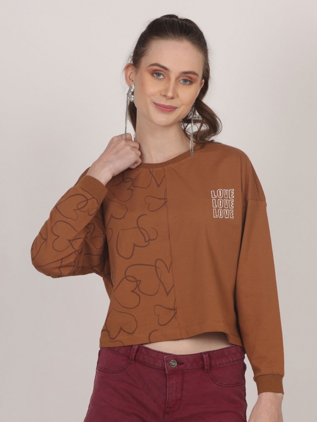 

AECK Women Typography Printed Hooded Applique T-shirt, Tan