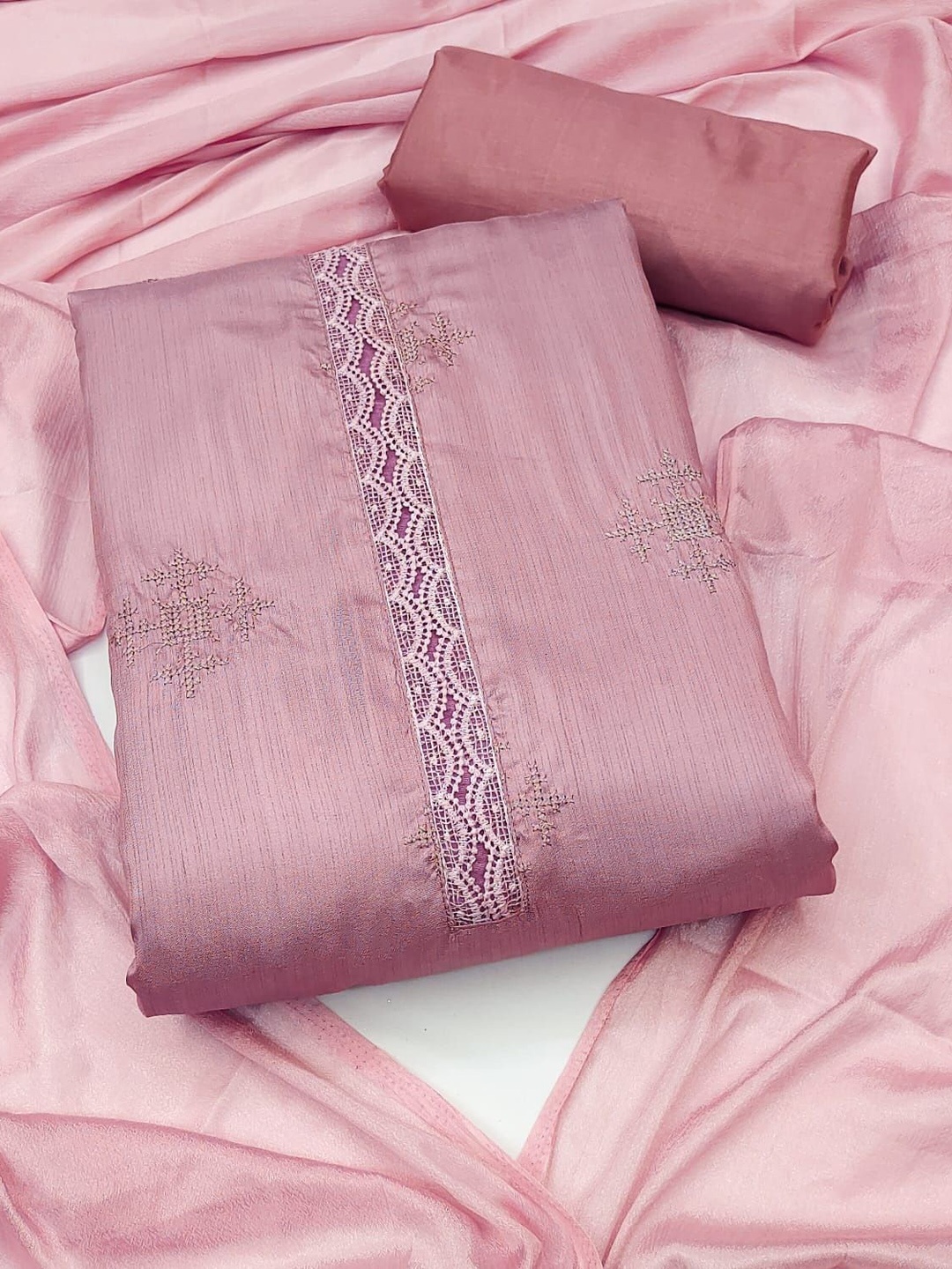 

Aika Floral Embroidered Thread Work Unstitched Dress Material, Pink