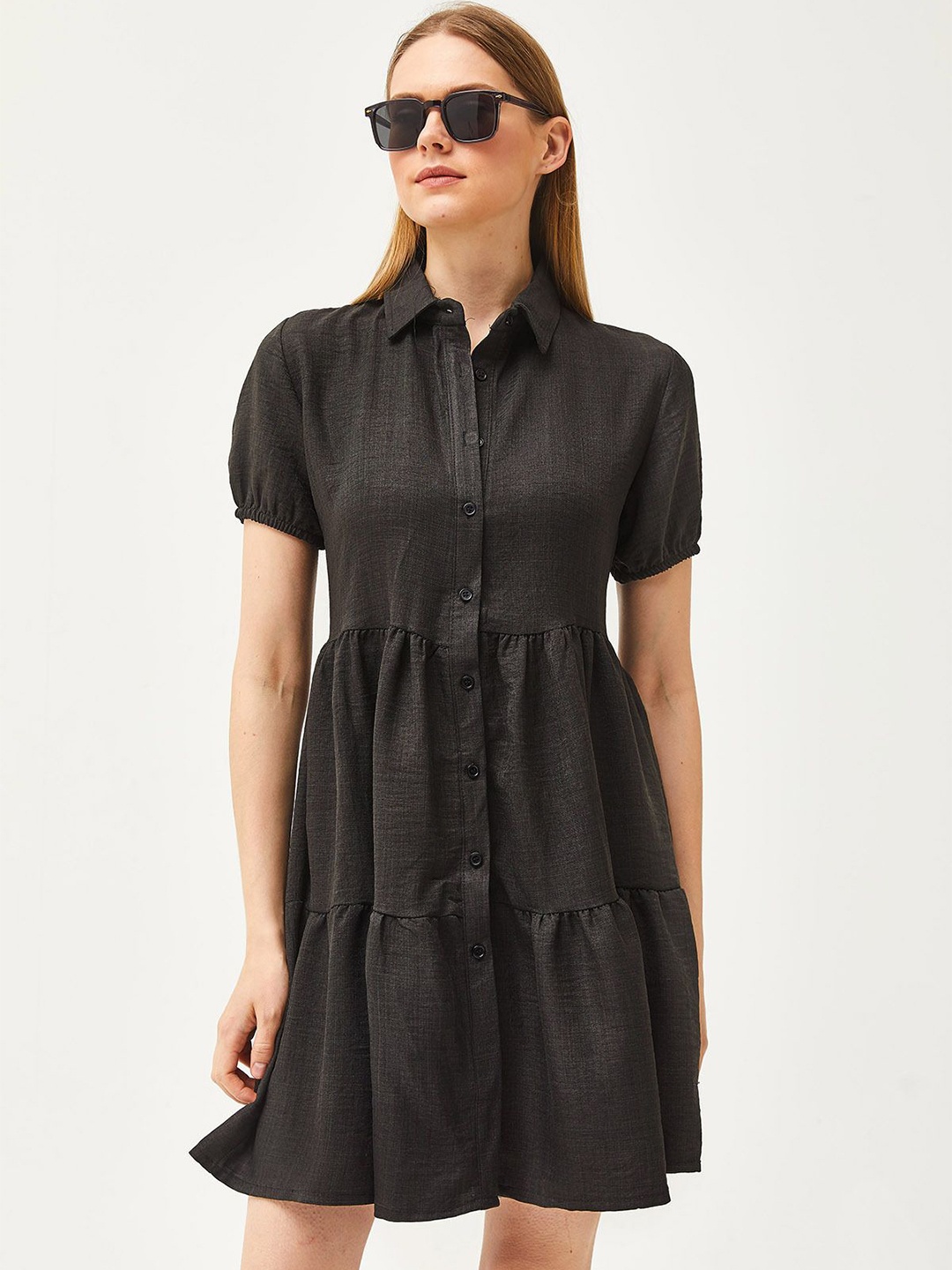 

Olalook Fit & Flare Solid Tiered Shirt Dress, Black