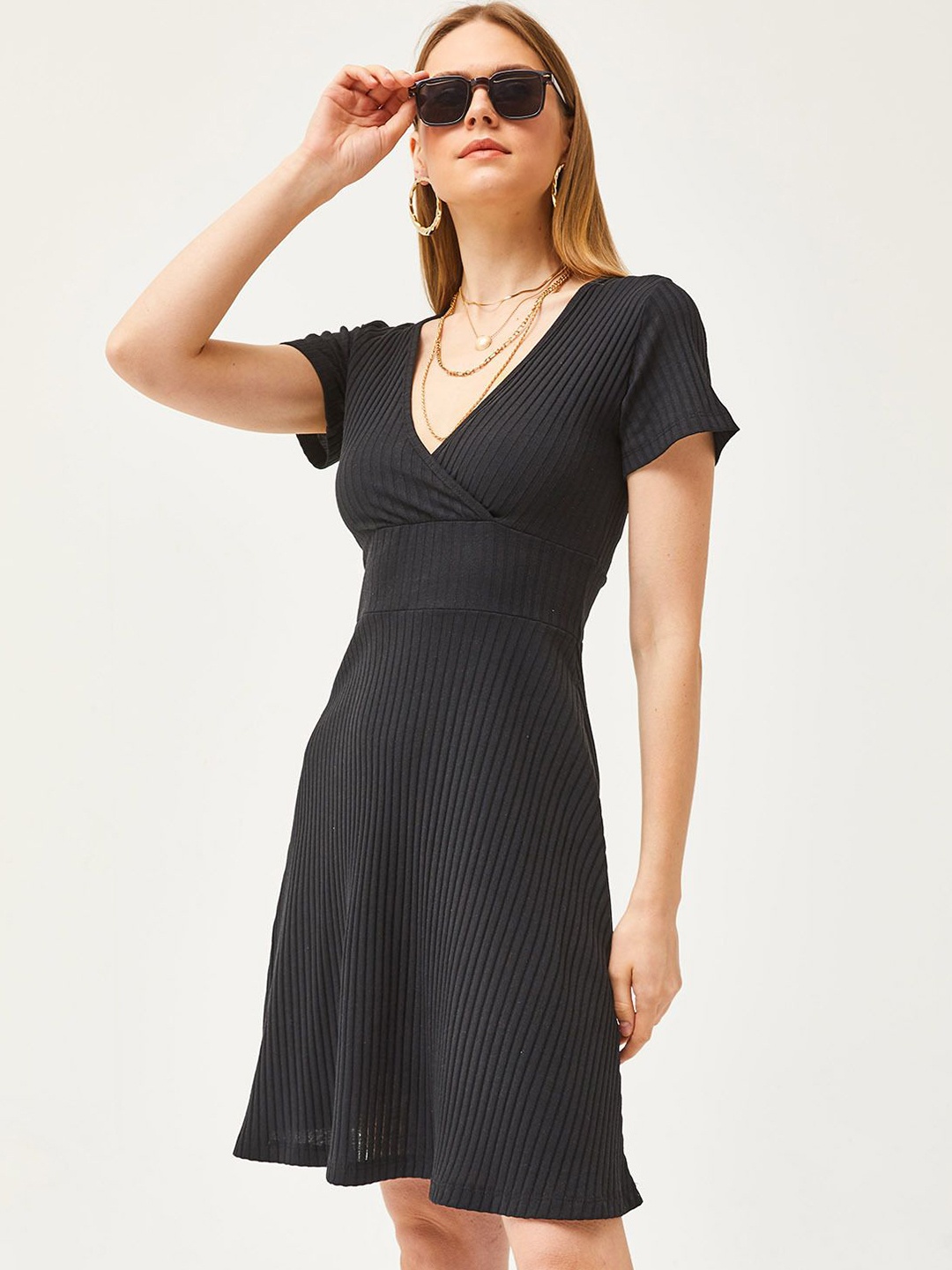 

Olalook V-Neck Striped Fit & Flare Dress, Black