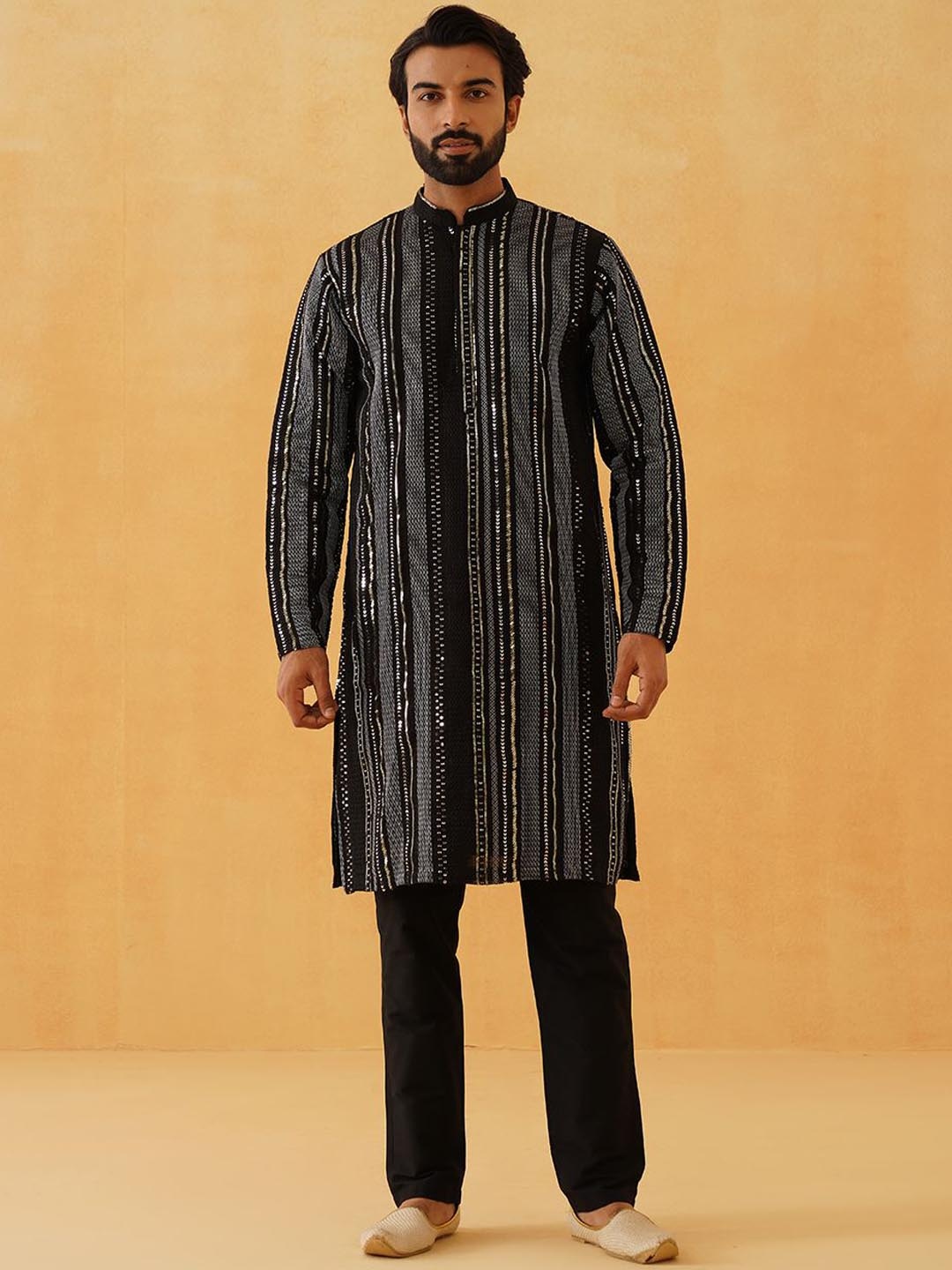 

SOJANYA LUXE Striped Embroidered Sequinned Georgette Straight Kurta With Trousers, Black