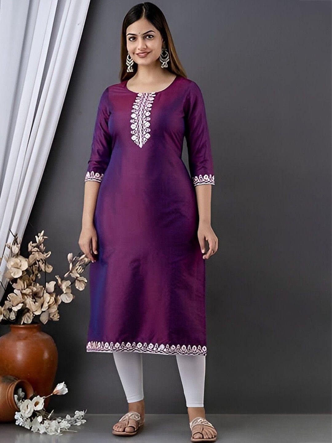 

Parth Fab Floral Yoke Design Mirror Work Straight Kurta, Purple