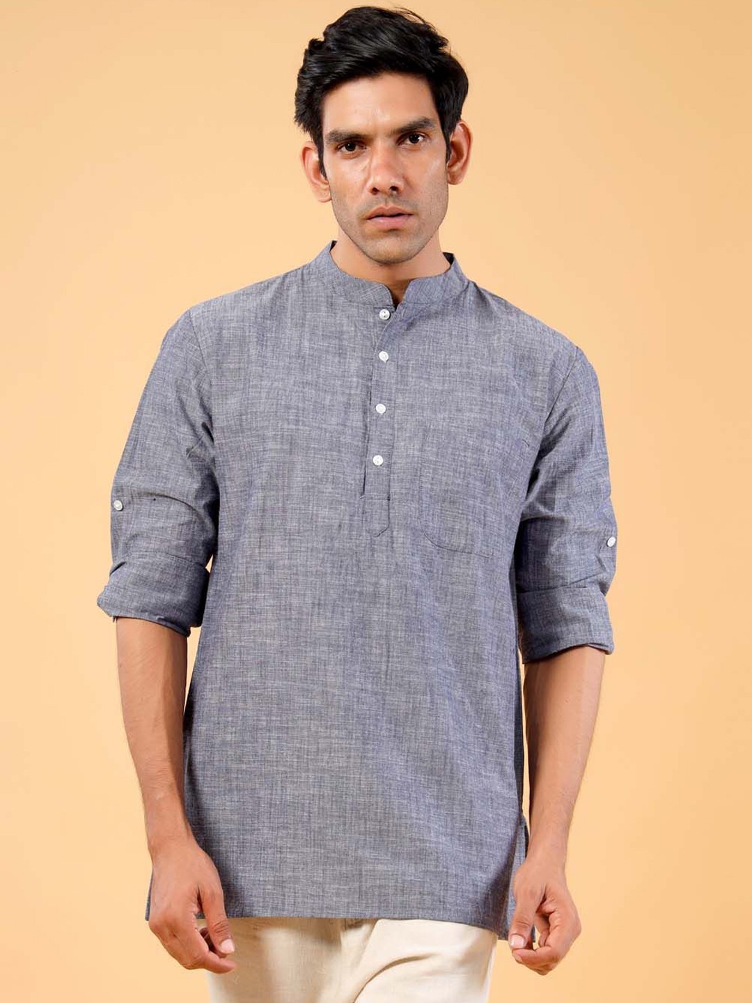 

Tistabene Mandarin Collar Roll-Up Sleeves Cotton Straight Kurta, Grey