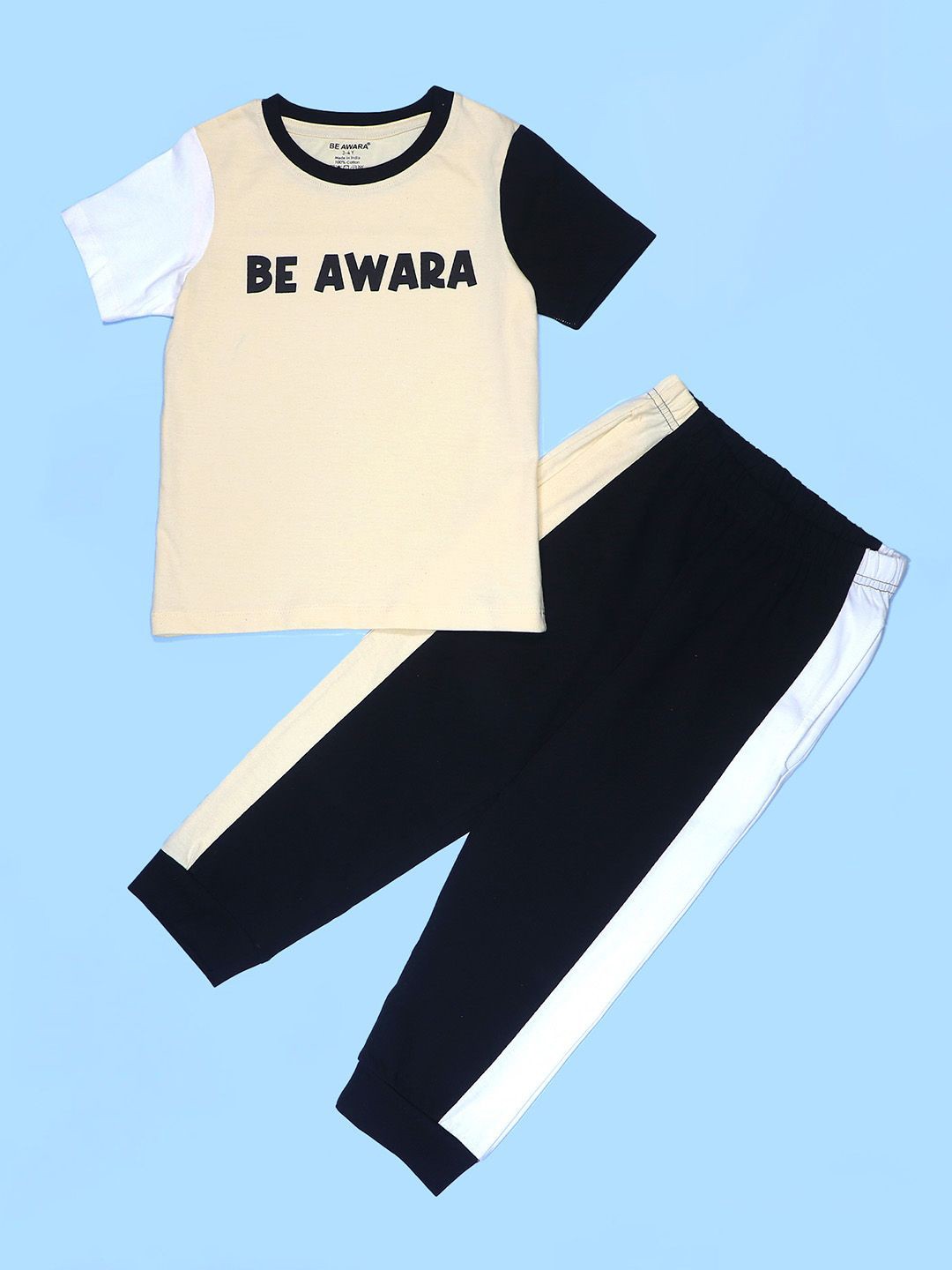 

BE AWARA Kids Colourblocked Pure Cotton T-shirt With Joggers, Black