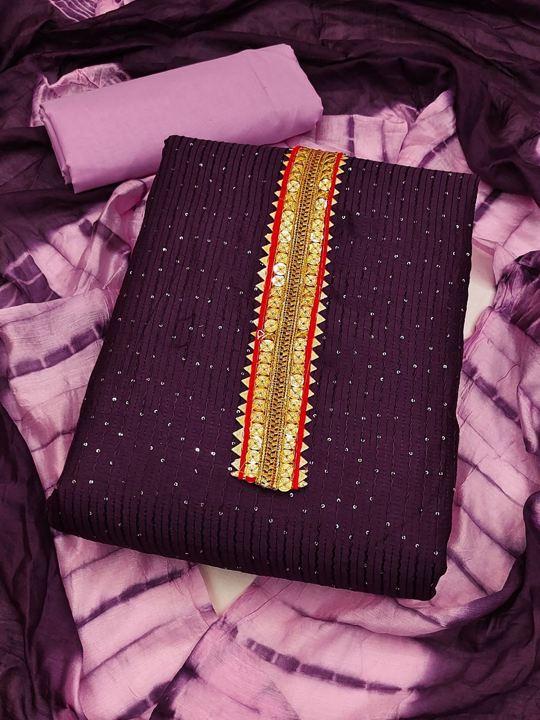 

Aika Striped Embroidered Sequinned Unstitched Dress Material, Purple