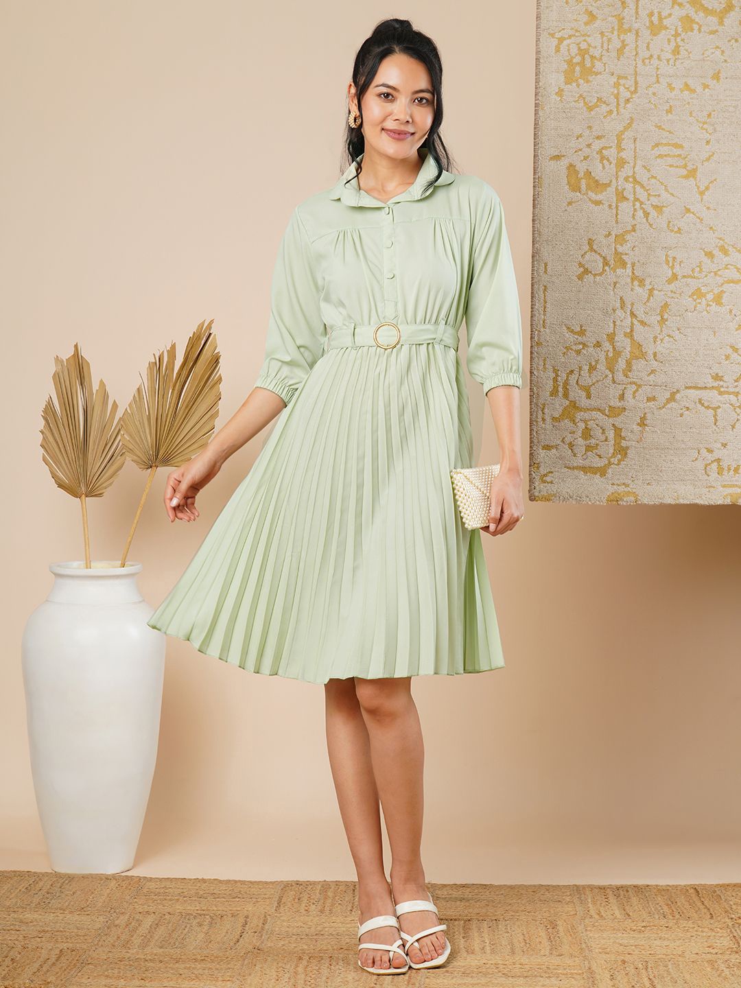 

CARTYSHOP Puff Sleeve Belted Pleated Fit & Flare Dress, Green